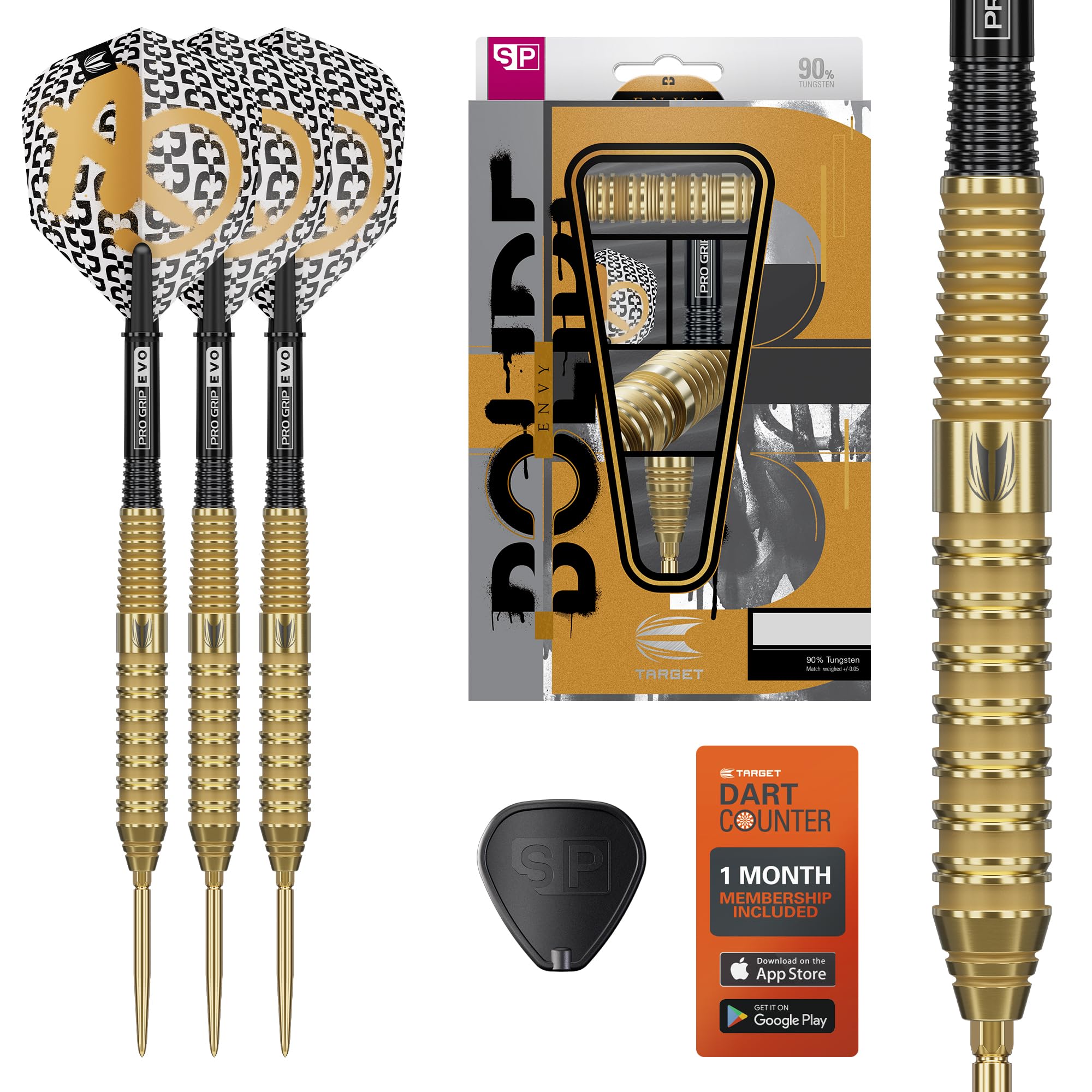 Target Darts Bolide Envy 02 90% Tungsten Swiss Point Steel Tip Dart Set, 24G | Pro Ultra No.6 Flights & Pro Grip EVO Shafts, Gold Swiss Points & SP Tool Included | Professional Dart Sets