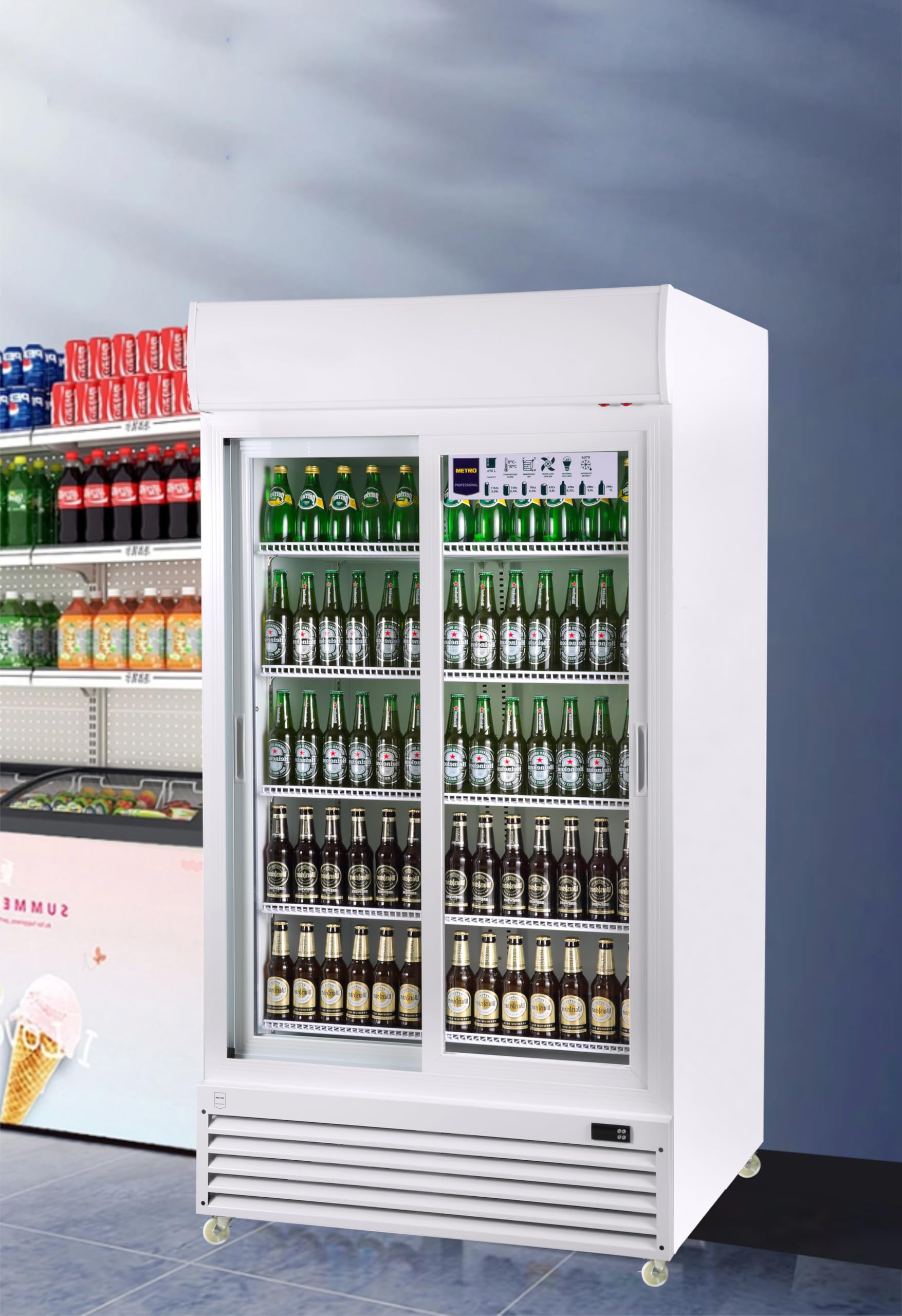 METRO Professional Vitrina frigorífica GSC3800, plástico/vidrio/zinc, 100x73x201.8 cm, 690L, enfría por ventilación, 510W, cerradura, blanco