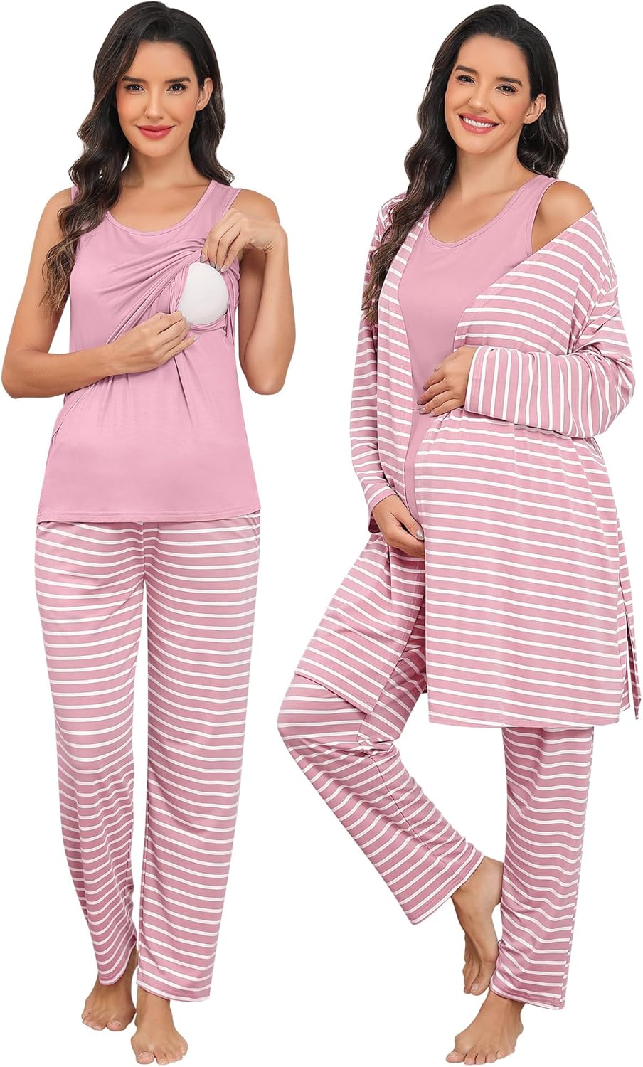 SWOMOG Maternity Nursing Robe Set 3 PCS Postpartum Breastfeeding Pajamas Lounge Hospital Pregnancy Pjs with Robe - Image 2