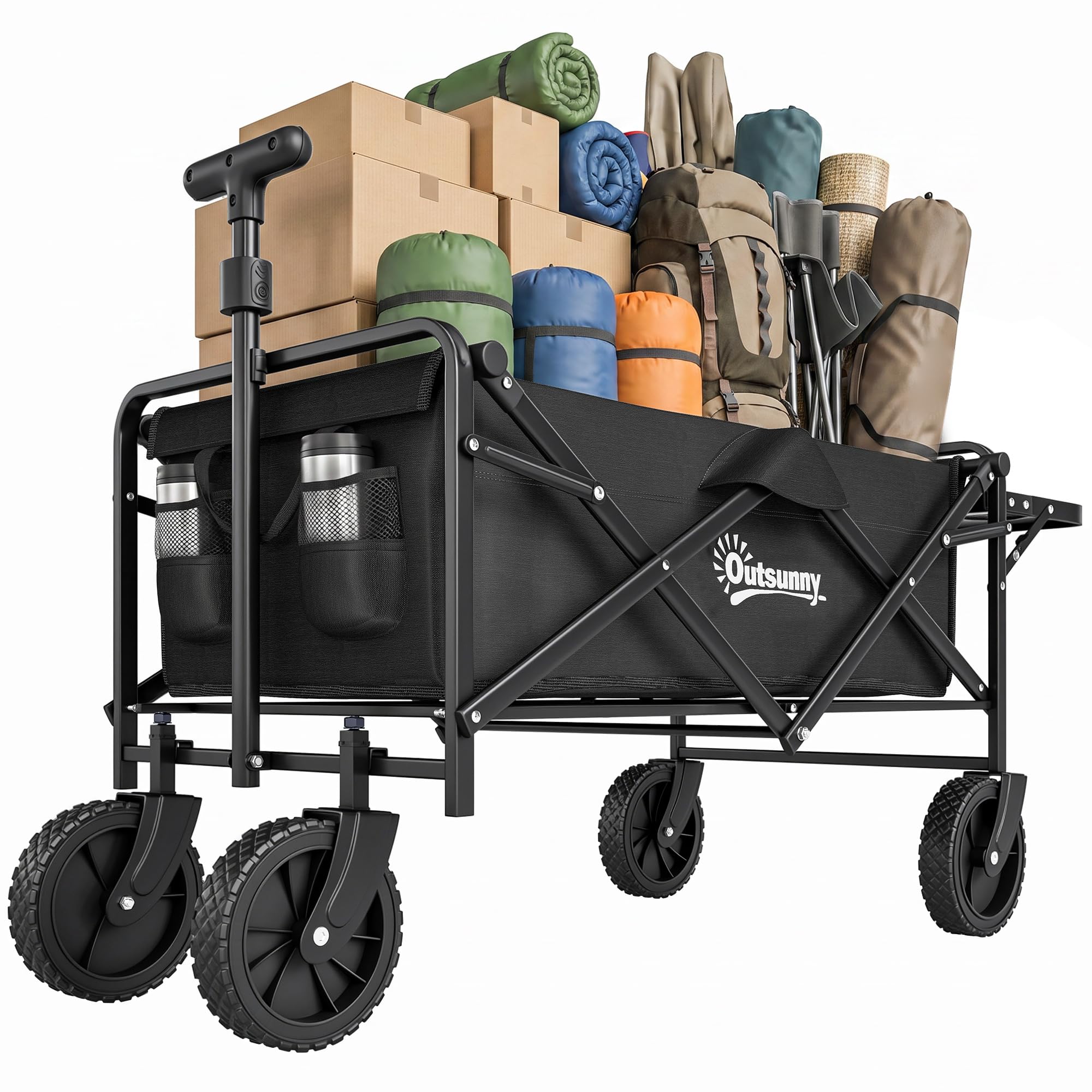 Outsunny Chariot de Transport Pliable, Chariot de Plage 4 Roues Dont 2 Roues Universelles, 140L 100 kg, Poignée Télescopique Inclinaison Réglable Plateau Pliable, pour Plage, Camping, Jardin, Noir