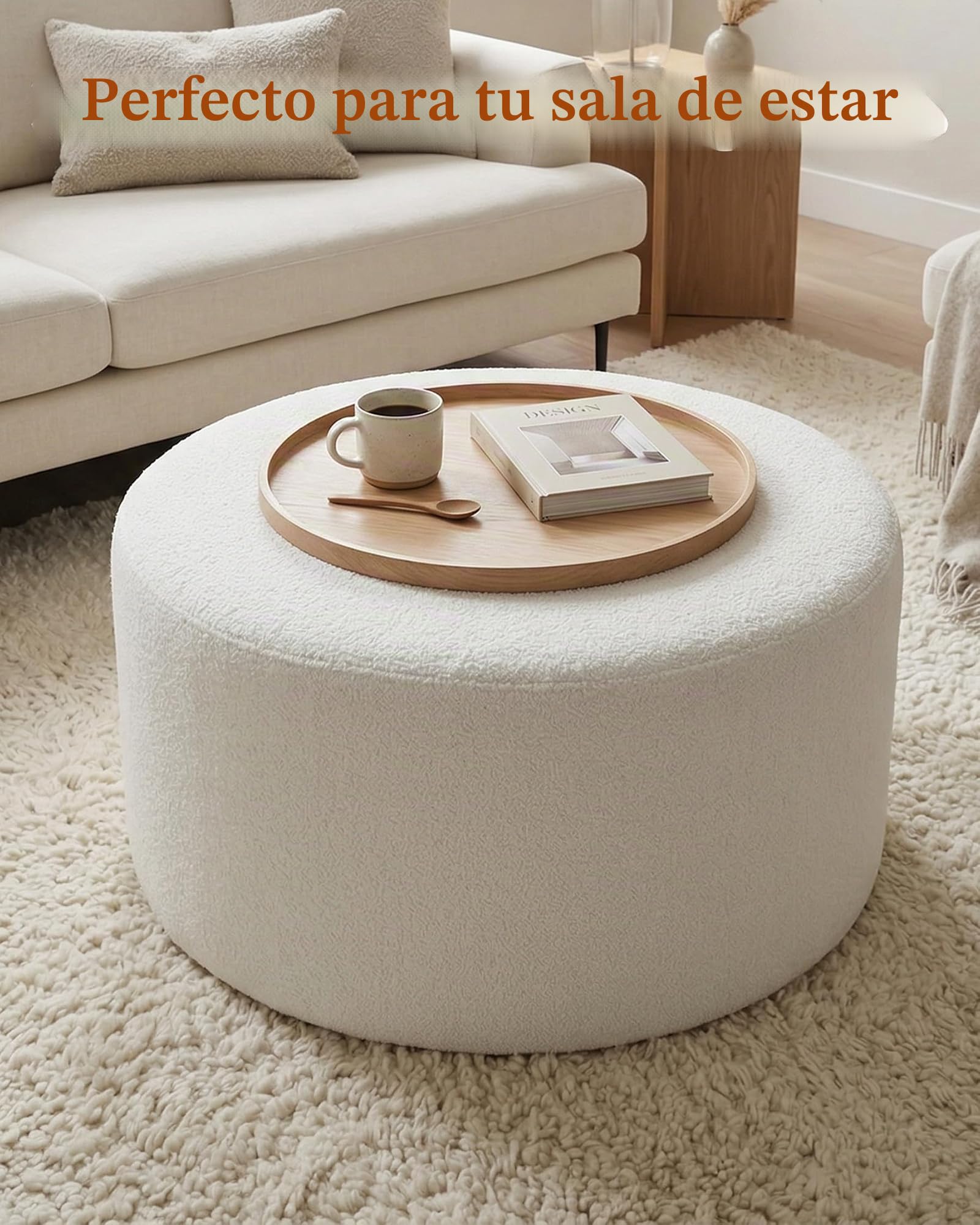 Puff - Puff redondo de 70 cm, color beige, reposapiés suave de tela Teddy, asiento cómodo para sofá, sillón y dormitorio, 70 x 70 x 40 cm