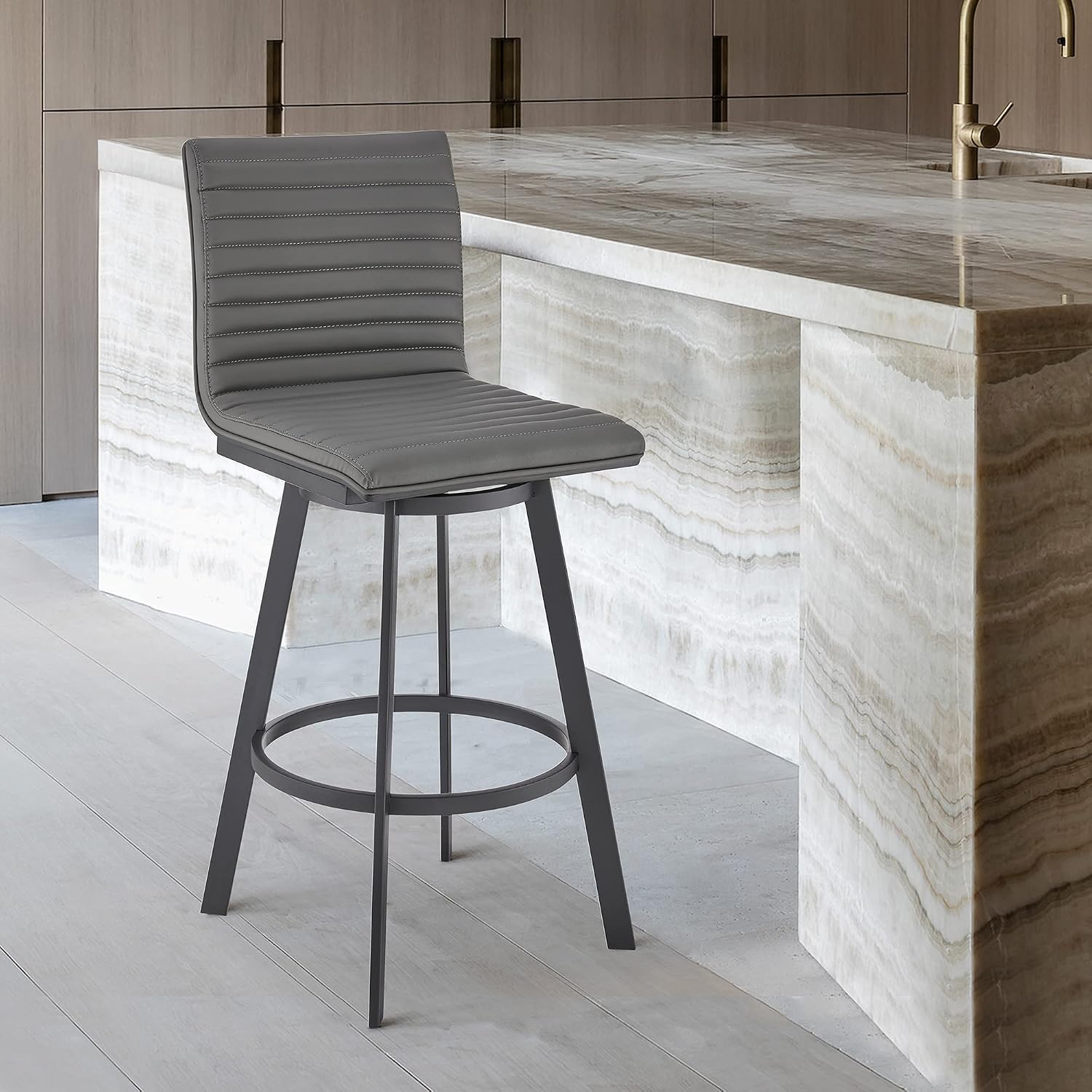 Armen Living Jermaine 26" Gray Faux Leather and Matte Black Finish Swivel Bar Stool with Black Wood Back