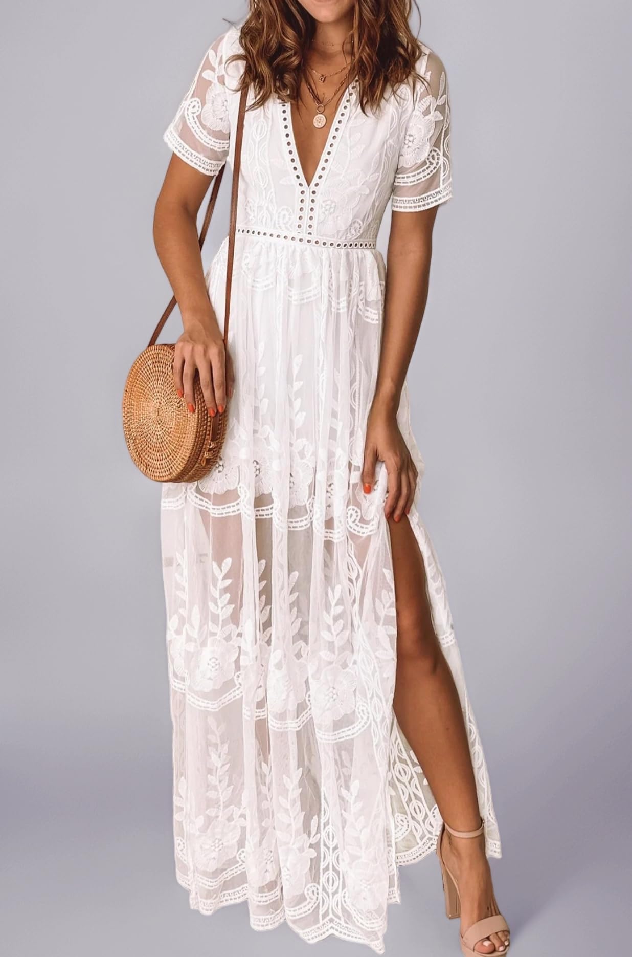 Womens Casual Off Shoulder Maxi Dress White Lace Sleeve Beach Dresses