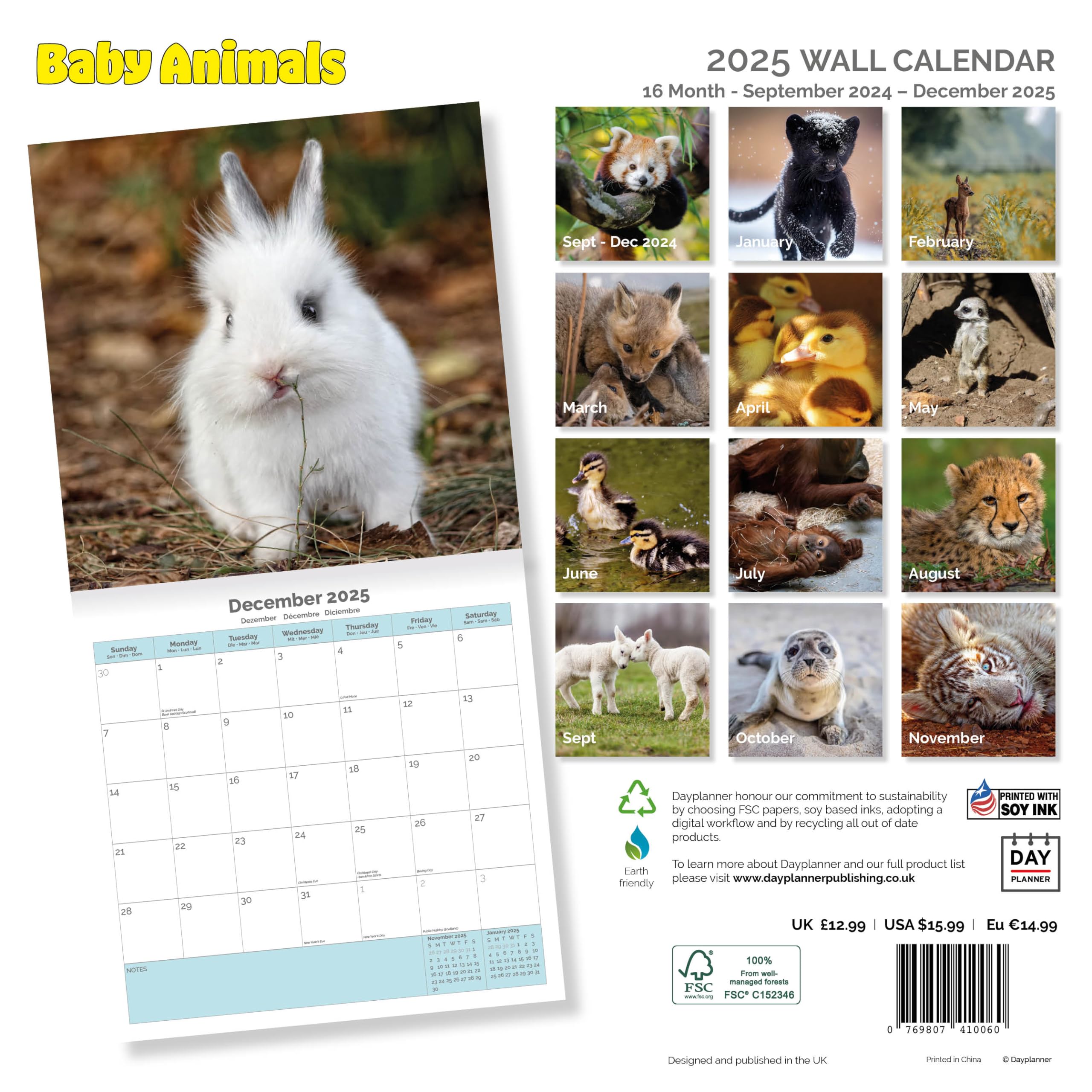 Dayplanner Publishing Baby Animals Calendar 2026, Large Square Wall Calendar With Organisational Stickers, 16 Month - Image 2