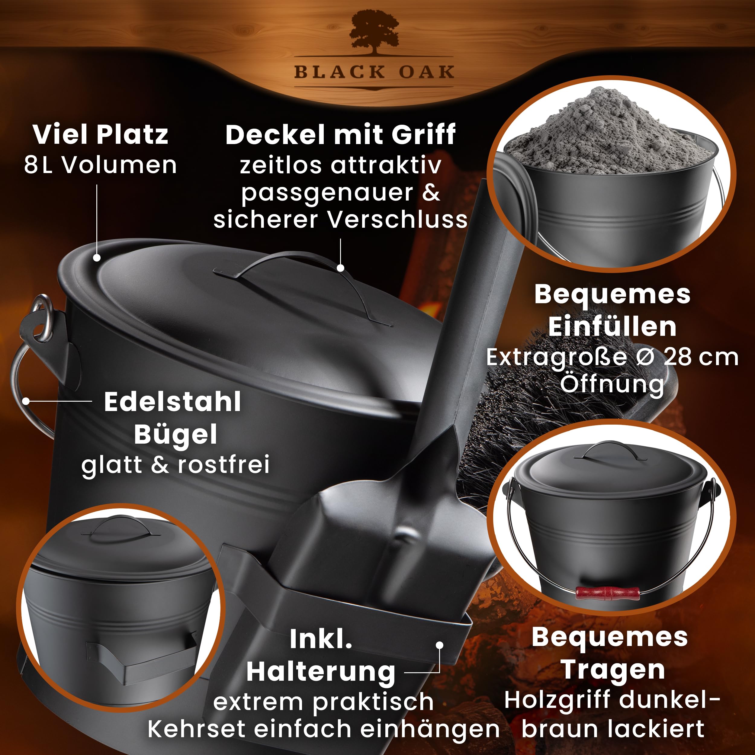 BLACK OAK LANIN - Secchio per cenere, 8 l, nero con coperchio e manico in legno scuro + spazzola, pala e guanti, 8 l, in acciaio zincato e verniciato a polvere, per pellet di carbone di cenere