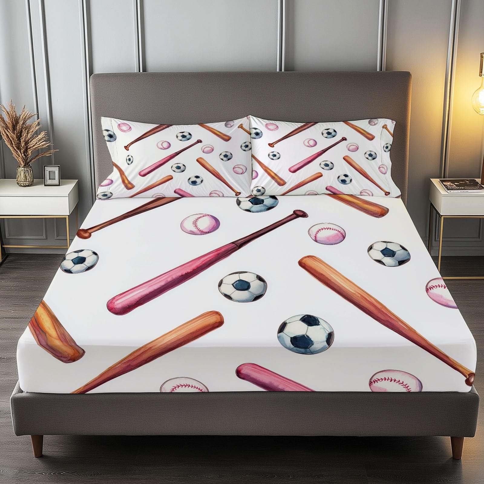 135 x 190 cm drukowane prześcieradło z gumką, modele sprzętu sportowego Baseball piłka nożna 100% miękka mikrofibra, z głęboką kieszenią 30 cm i oddychającą elastycznością, nowoczesna pościel, biała