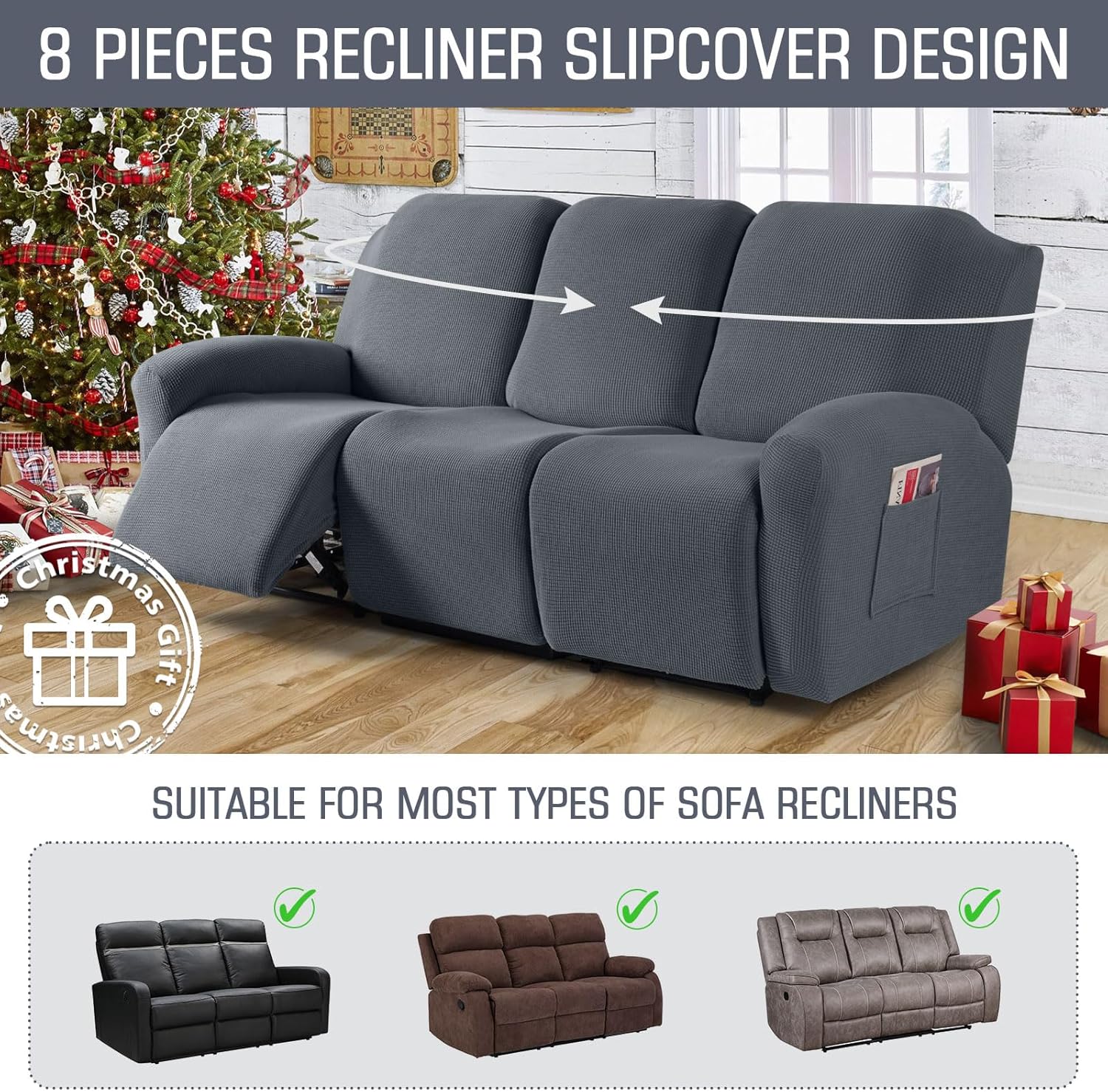 TAOCOCO Recliner Loveseat Cover with Middle Console & Recliner Sofa Covers for 3 Seat, Grey