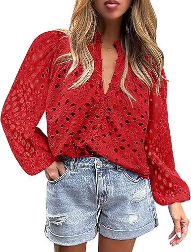 BETTE BOUTIK Women's Long Short Sleeve Tops 2025 Dressy Casual Button Hollow Out Lace Embroidered Blouses Shirts