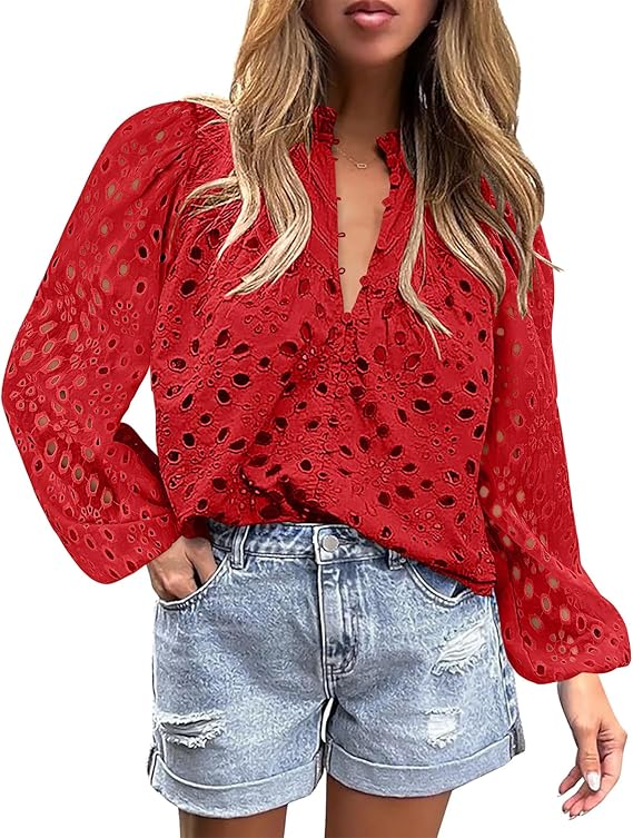 BETTE BOUTIK Women's Long Short Sleeve Tops 2025 Dressy Casual Button Hollow Out Lace Embroidered Blouses Shirts