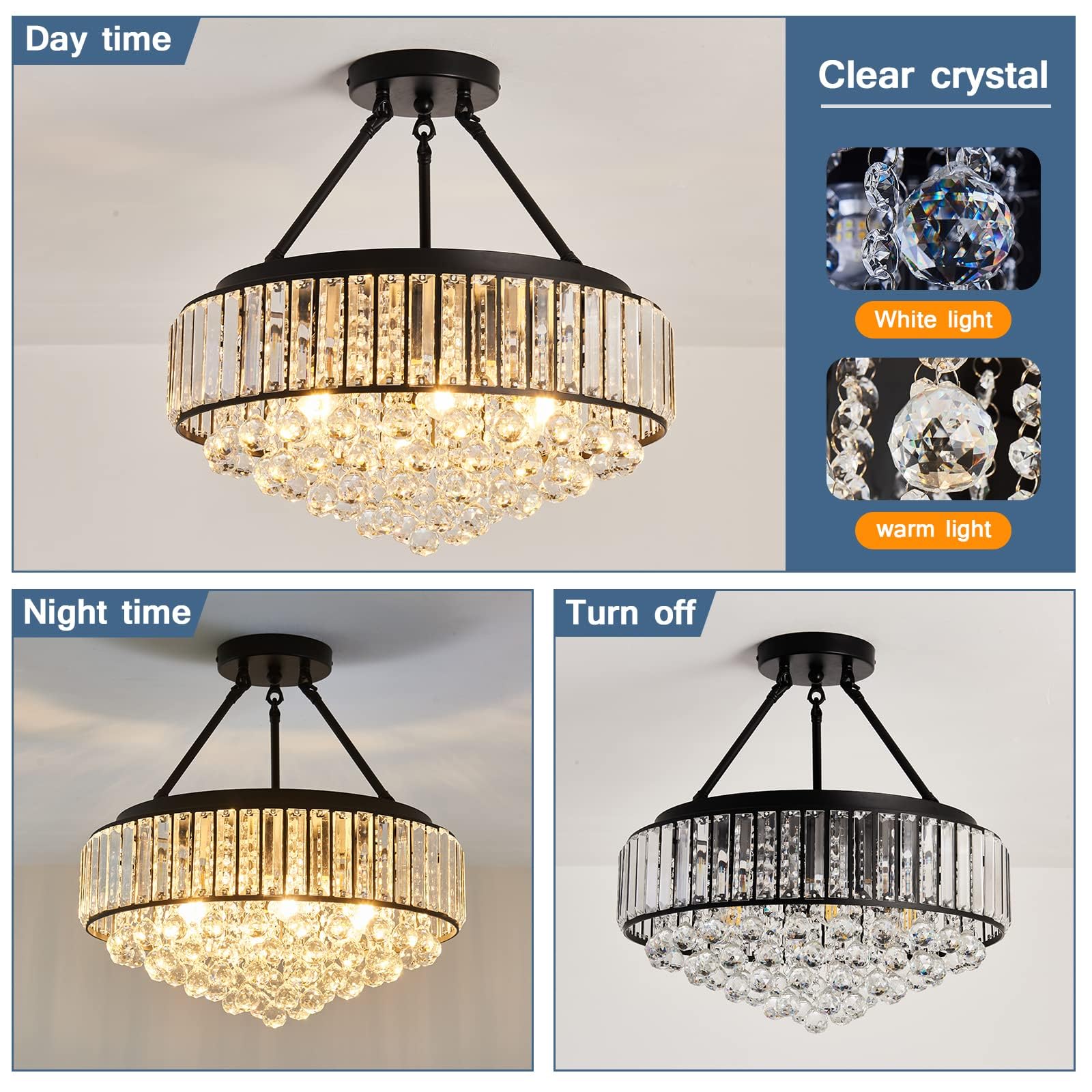 Coregreen Crystal Chandelier Contemporary Close to Ceiling Light Fixture for Dining Room Bedroom Kitchen Living Room E12*3 Base (Bulb Not Included)
