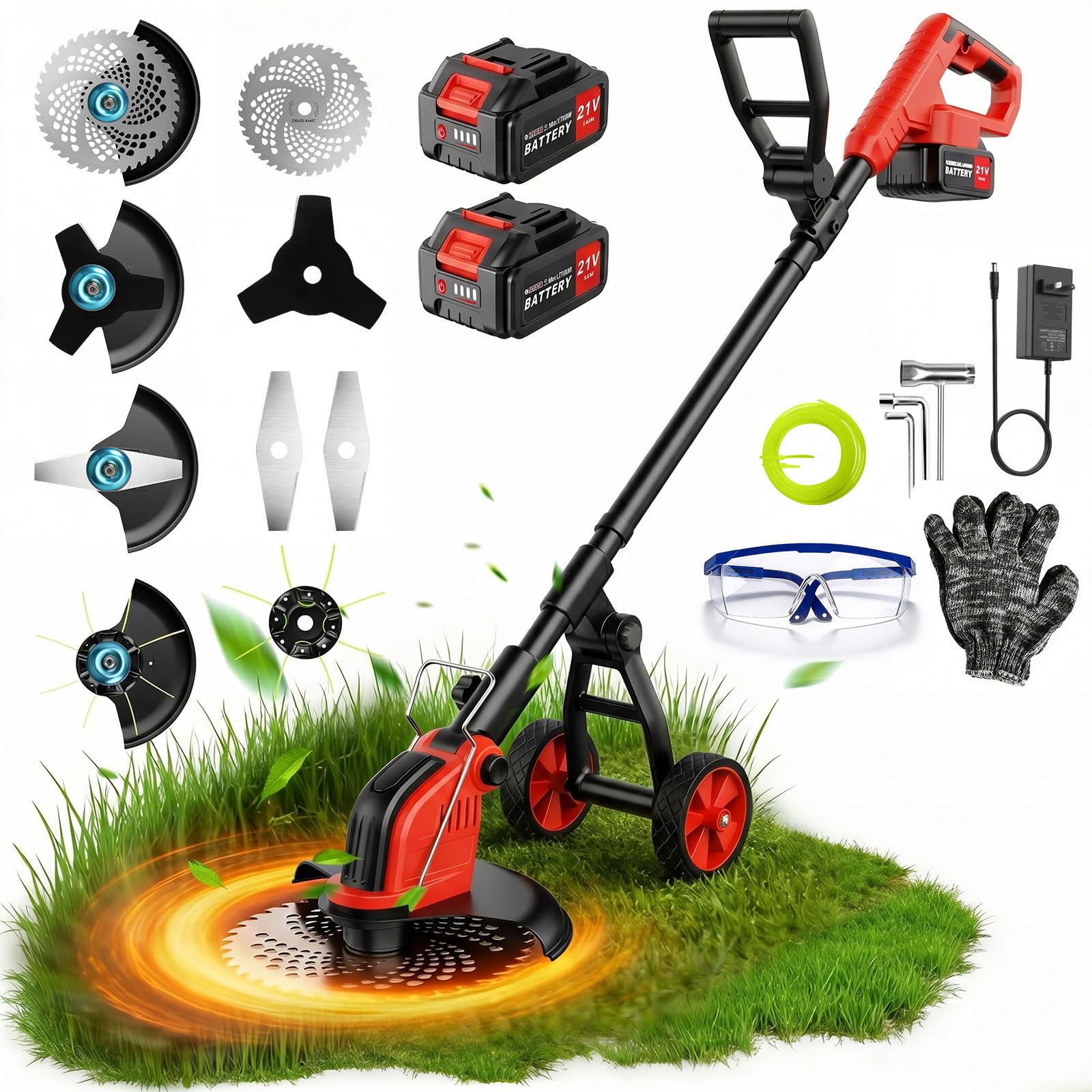 12 Inch Desbrozadora a Bateria con Ruedas, Cortabordes Electrico de 800W con Pantalla LCD, Desbrozadora Electrica 2 Baterías 6000 mAh, 4 Tipos de Cuchillas para Césped, Jardín, Patio