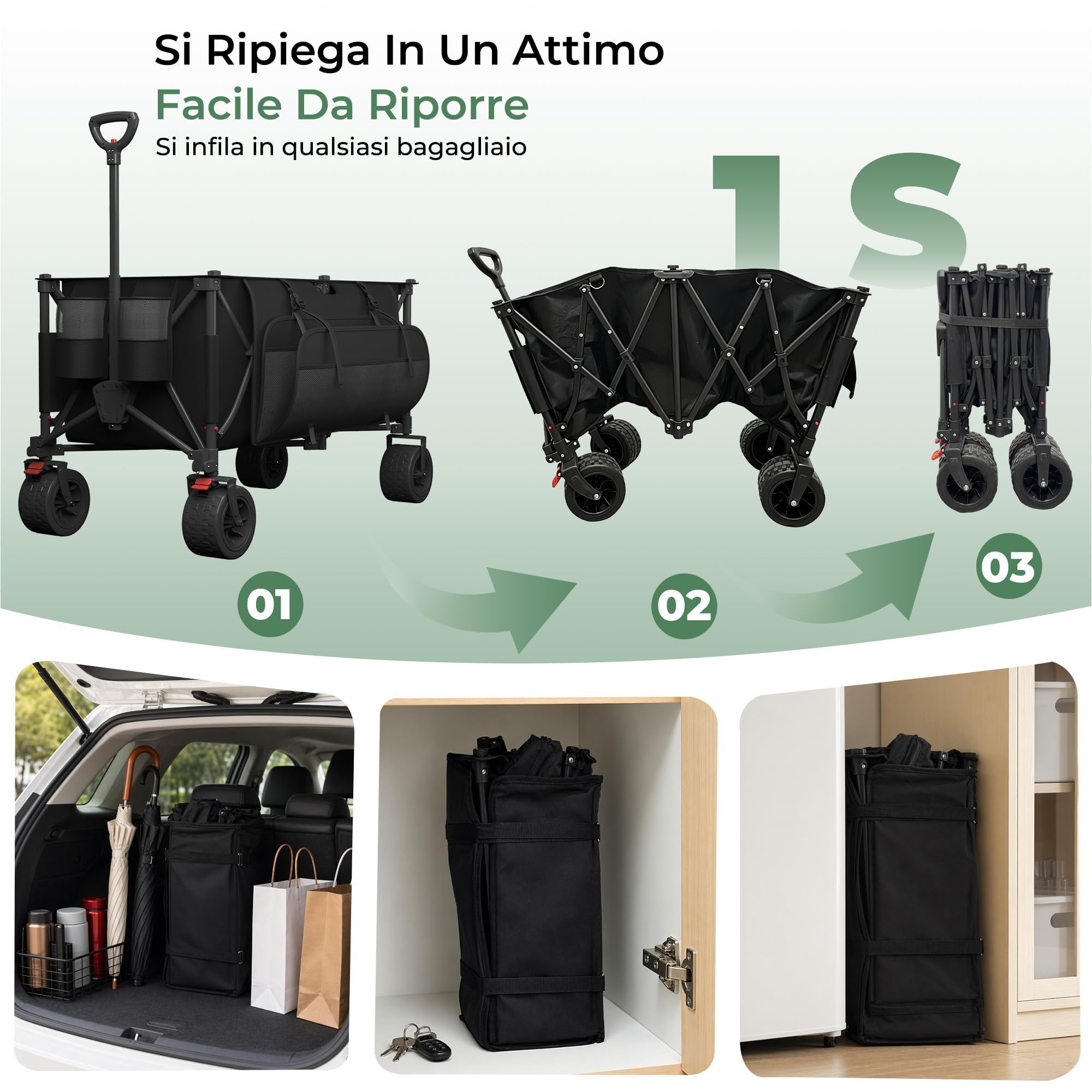 Carrello Spiaggia Pieghevole 260L, Carrello con Ruote Portatutto | Freno | Carrellino con Ruote Portatutto Max 200kg | Manico Regolabile | 25L Tasche Laterali | Esterni Giardino Campeggio(Nero)