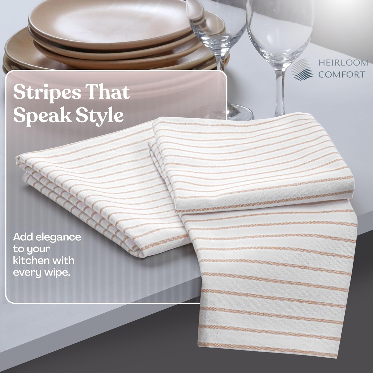 Beige Stripe Kitchen Towels, 12 Pack, 100% Cotton, Super Absorbent and Quick Dry, Classic Striped Towel Set, Durable Dish Cloths for Kitchen Use, Cleaning & Drying Dishes