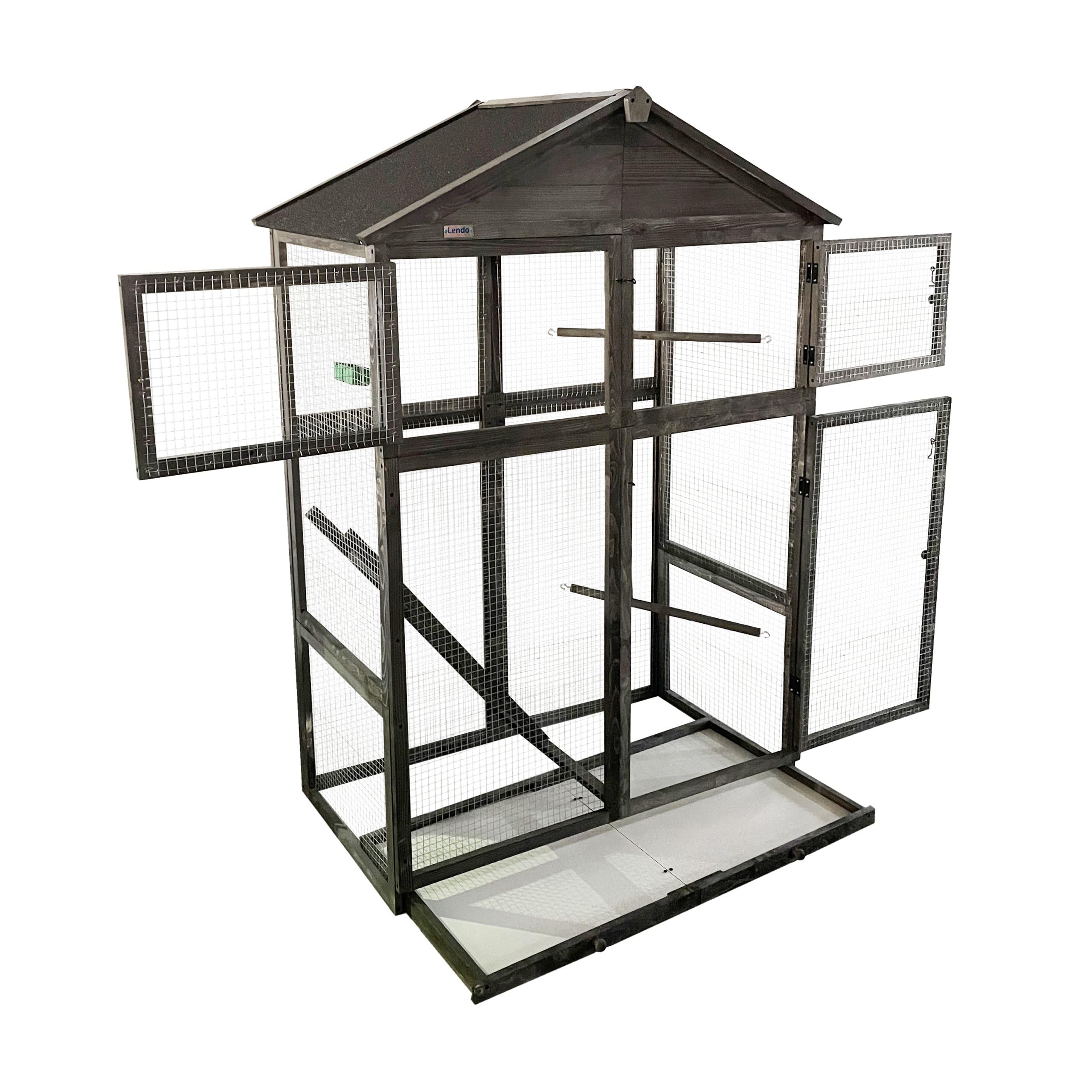 Volière Extérieure en Bois Traité pour Oiseaux – Cage à Oiseaux avec Toit Bitumé, Mangeoire, Perchoirs et Tiroir Amovible – Volière pour Perruches, Canaris –115x58x164 cm (Gris)