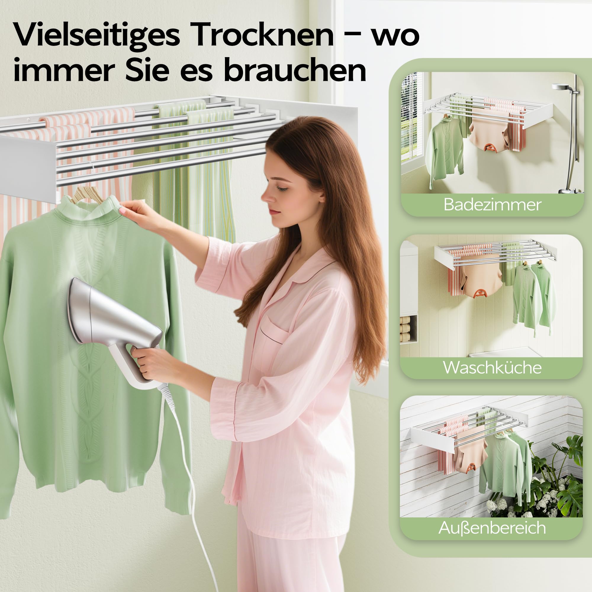 Vikaqi Wäscheständer zur Wandmontage, 101,6 cm, faltbar, Wandhalterung, Wäscheständer, zusammenklappbar, versteckter Platzsparer mit Wandschablone, 6 Stangen, Weiß