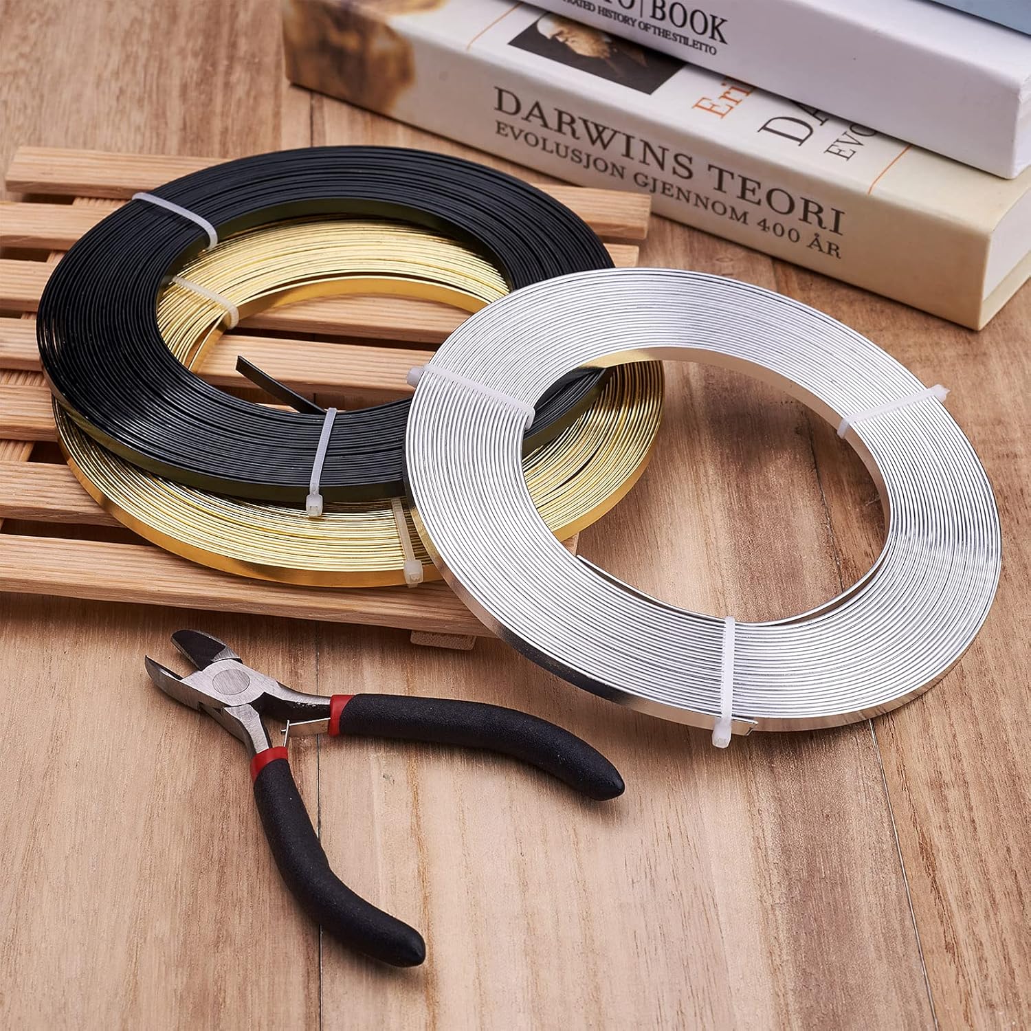 Fashewelry 98Ft 3 Colors Aluminum Flat Wire 5mm Wide Bendable Metal Craft Wire Strip 18 Gauge with Side Cutting Plier for Bezel Sculpting Armature Jewelry Making Gem Metal Wrap