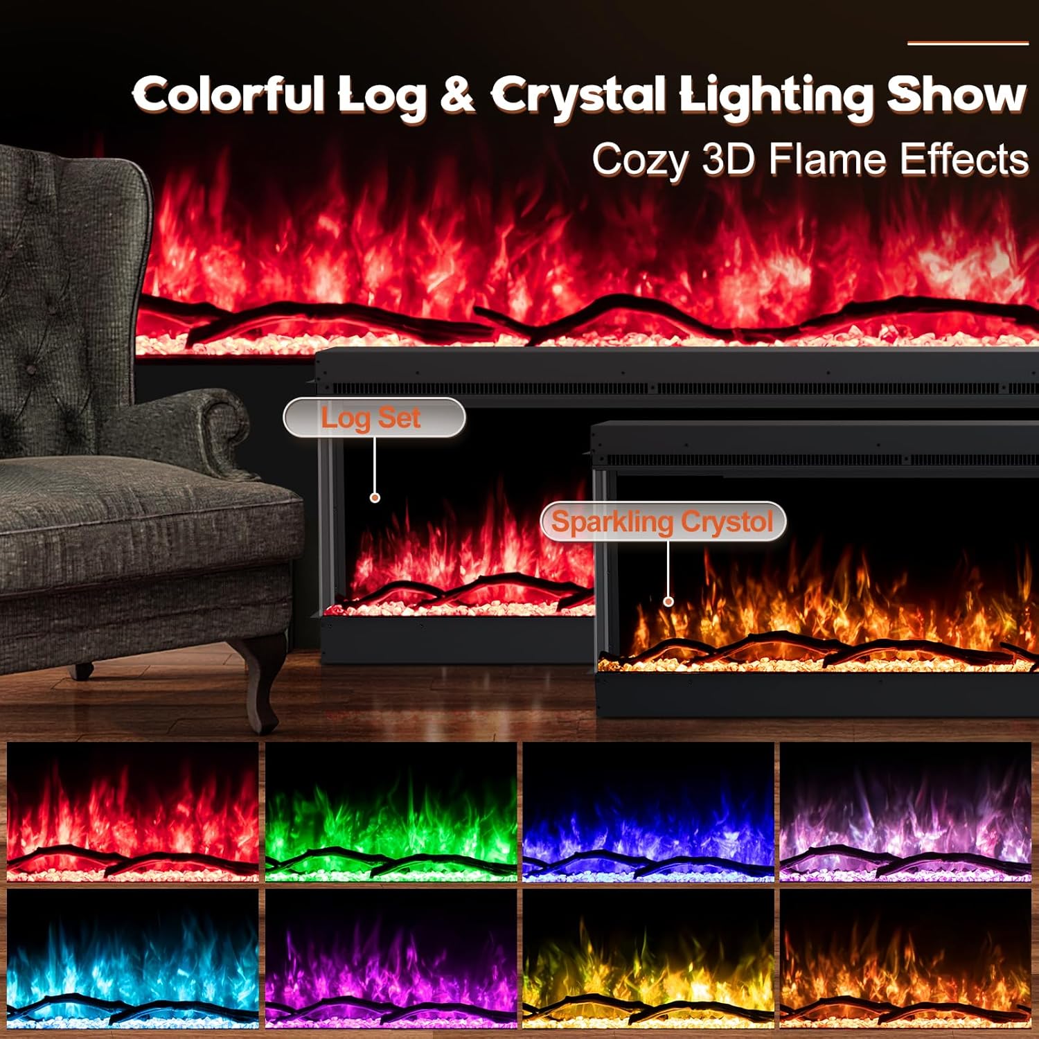 60-Inch 3-Sided Recessed Electric Fireplace with 8-Color Realistic LED Flames, Remote Control, 750W/1500W Dual Heat Quiet Heater for Large Room, ETL Certified, Modern Black