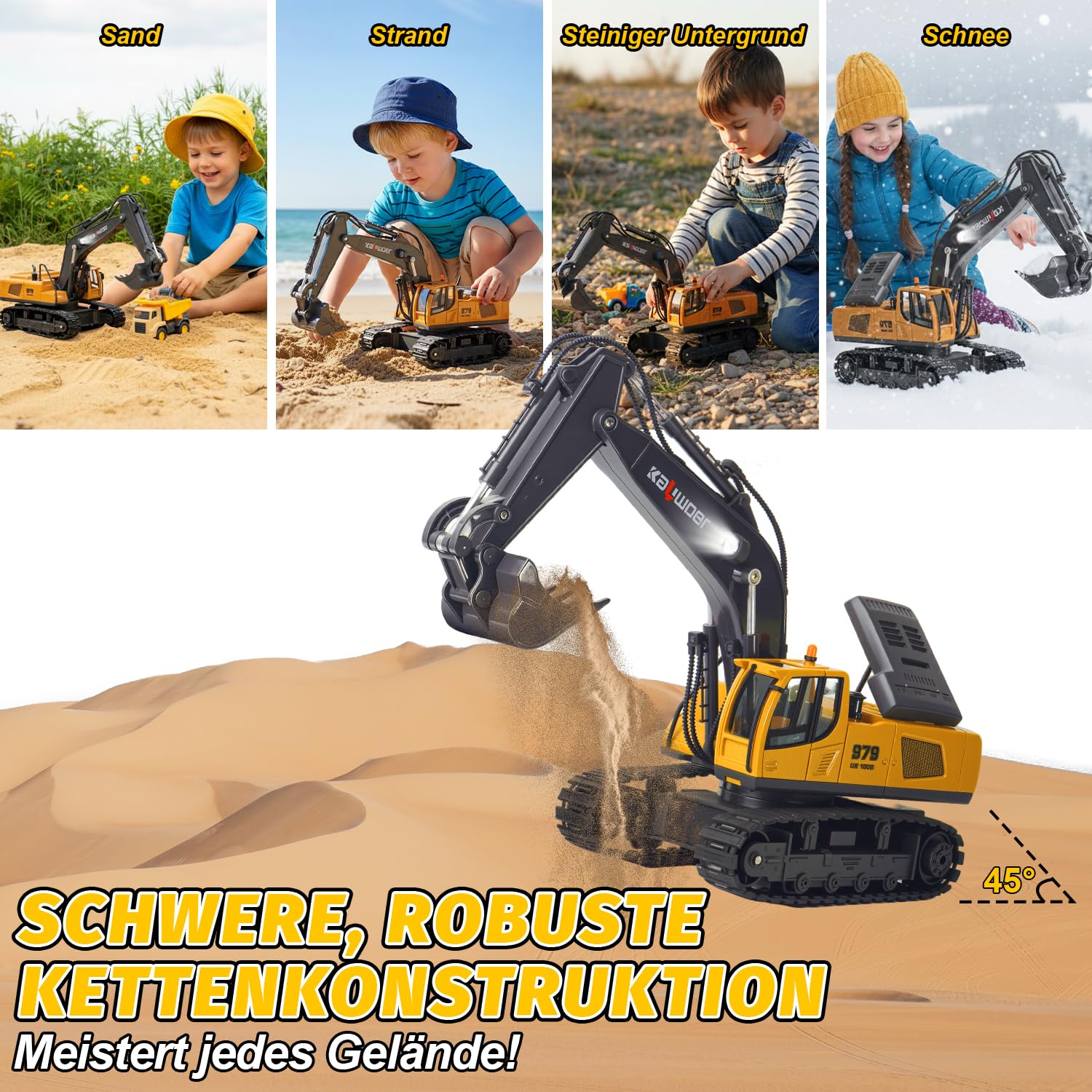 Ferngesteuerter Bagger Ferngesteuert ab 3 4 6 8 Jahre, rc Bagger | bagger mit Fernbedienung, Schaufel und Licht, 1:14 bagger Spielzeug für 3 4 6 8 Jahre, Geschenk zum Geburtstag für Kinder