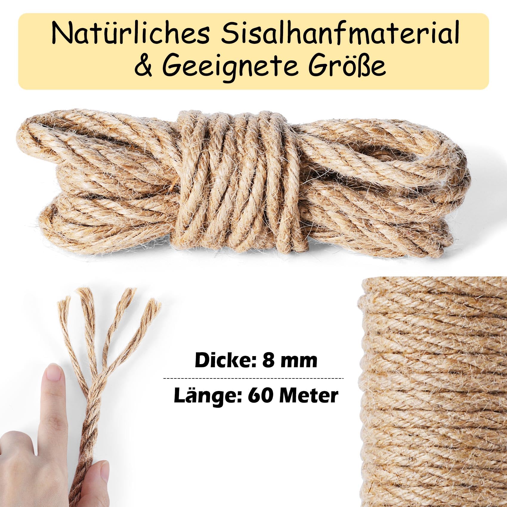 Corda Naturale Tiragraffi Sisal Corda 60M x 8MM per Riparazione e Sostituzione di Gatto Scratching Pilastro, Gatto Albero, Gatto Graffiare Pad, (60M, 8MM)