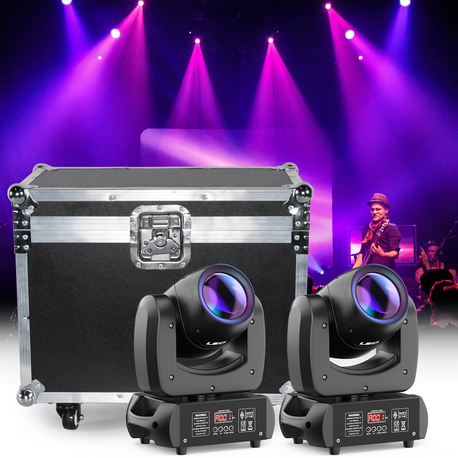 HOLDLAMP Flight Case for 2PCS ZQ02021 Moving Head DJ Lights, 120W LED Moving Head Light with Rotating 18-Facet Prism Gobos and 8 Colors by DMX and Sound Activated Control (Moving Heads + Flight Case)