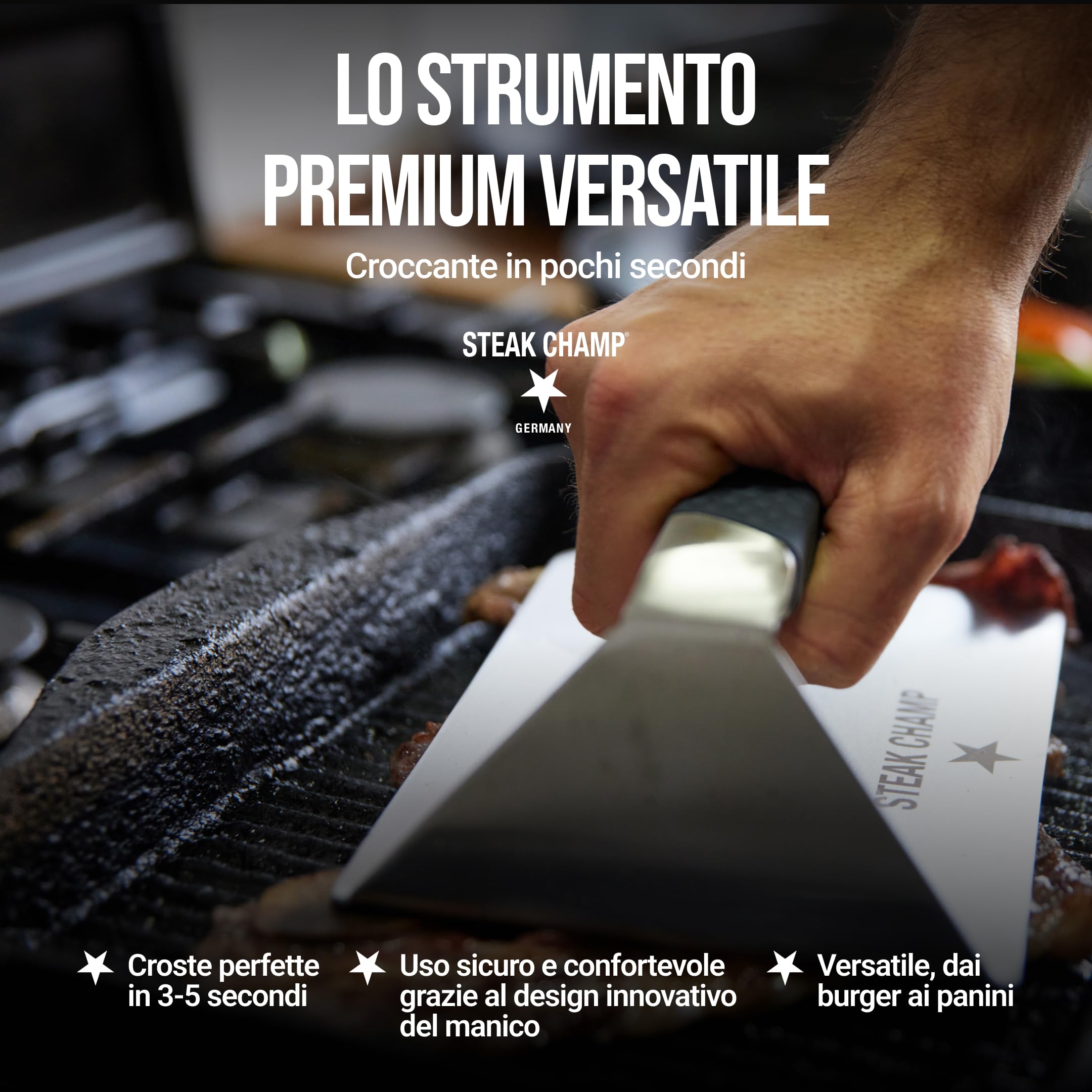 Steakchamp Burger & Steak Pressa XXL: Pressa per Grill e Hamburger per croste croccanti, Pesi per Sandwich e Carne, con Manico Antiscivolo