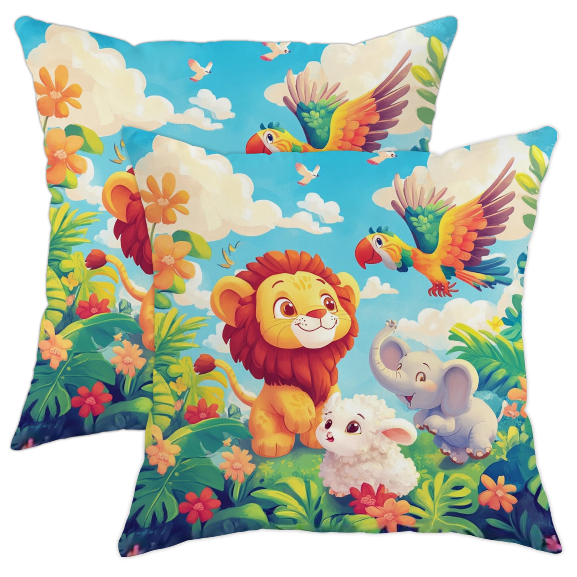 Playful Jungle Animals Pillow Covers Set of 2, Colorful Lion Elephant Sheep Cushions, Fun Decorative Pillows for Kids Room Sofa Couch, Spring Summer Decor 16x16 Inch