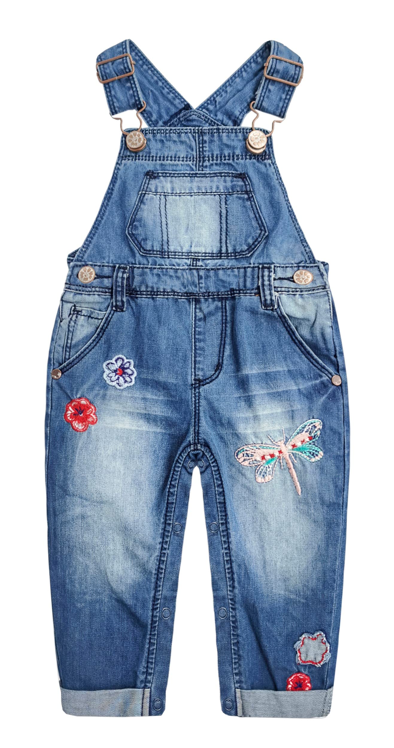 KIDSCOOL SPACE Baby & Little Girls Flower Embroidered Washed Cotton Denim Overalls,Blue,12-18 Months