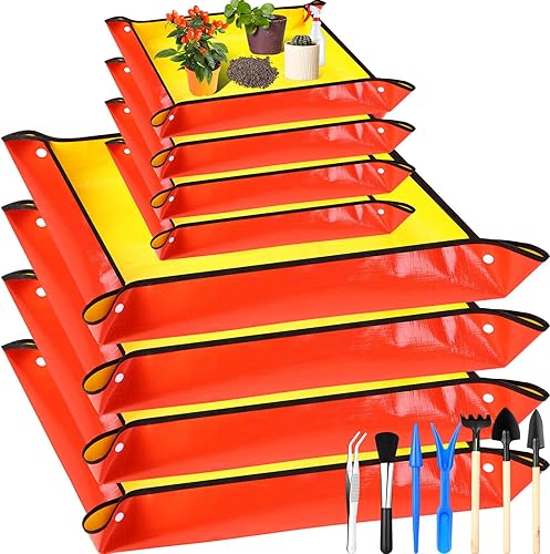 Domensi Paquete de 8 tapetes de trasplante para plantas de interior, impermeables, bandeja plegable para macetas con 7 herramientas de jardín para