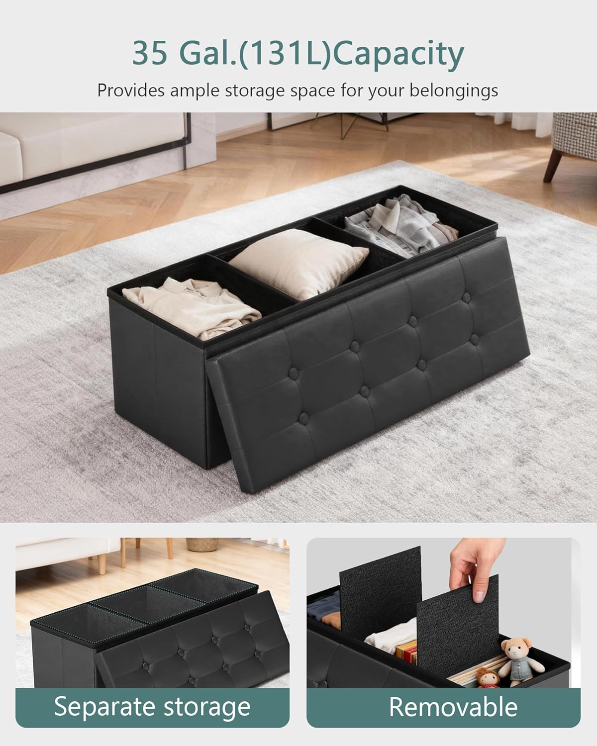 43 Inches Folding Storage Ottoman Bench, PU Leather Storage Chest, Footrest Padded Seat for Bedroom and Hallway, Holds up to 660 lbs, Black