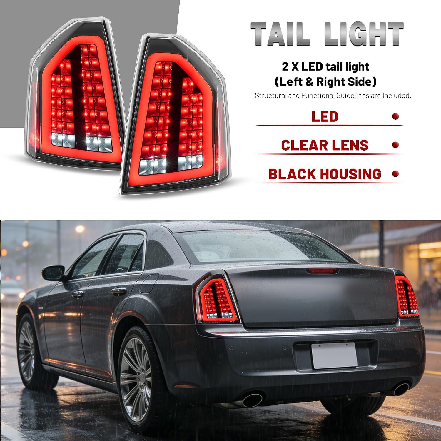 HECASA Pair LED Tail Lights Compatible with 2008-2010 Chrysler 300C Tail Rear Brake Light Lamp w/LED Tube Left&Right Side Clear Lens Black Housing