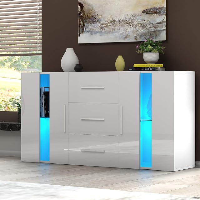 Panana Living Room Cabinet 2 Door 3 Drawer High Gloss Front Cupboard Large Storage Sideboard RBG LED Lights TV Unit Cabinet Stand (White, BG-3)