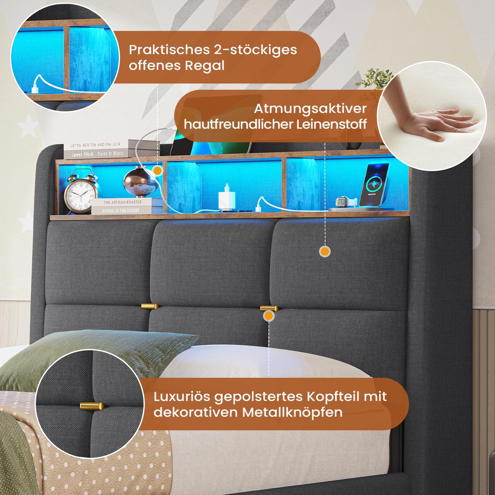 DICTAC Polsterbett 90x200 mit LED Beleuchtung und Steckdosenleiste Jugendbett 90x200 Einzelbett mit Lattenrost Bettgestell Erwachsene mit Stauraum Kopfteil,USB-Anschlüsse & Stauraum,Leinen,Dunkelgrau