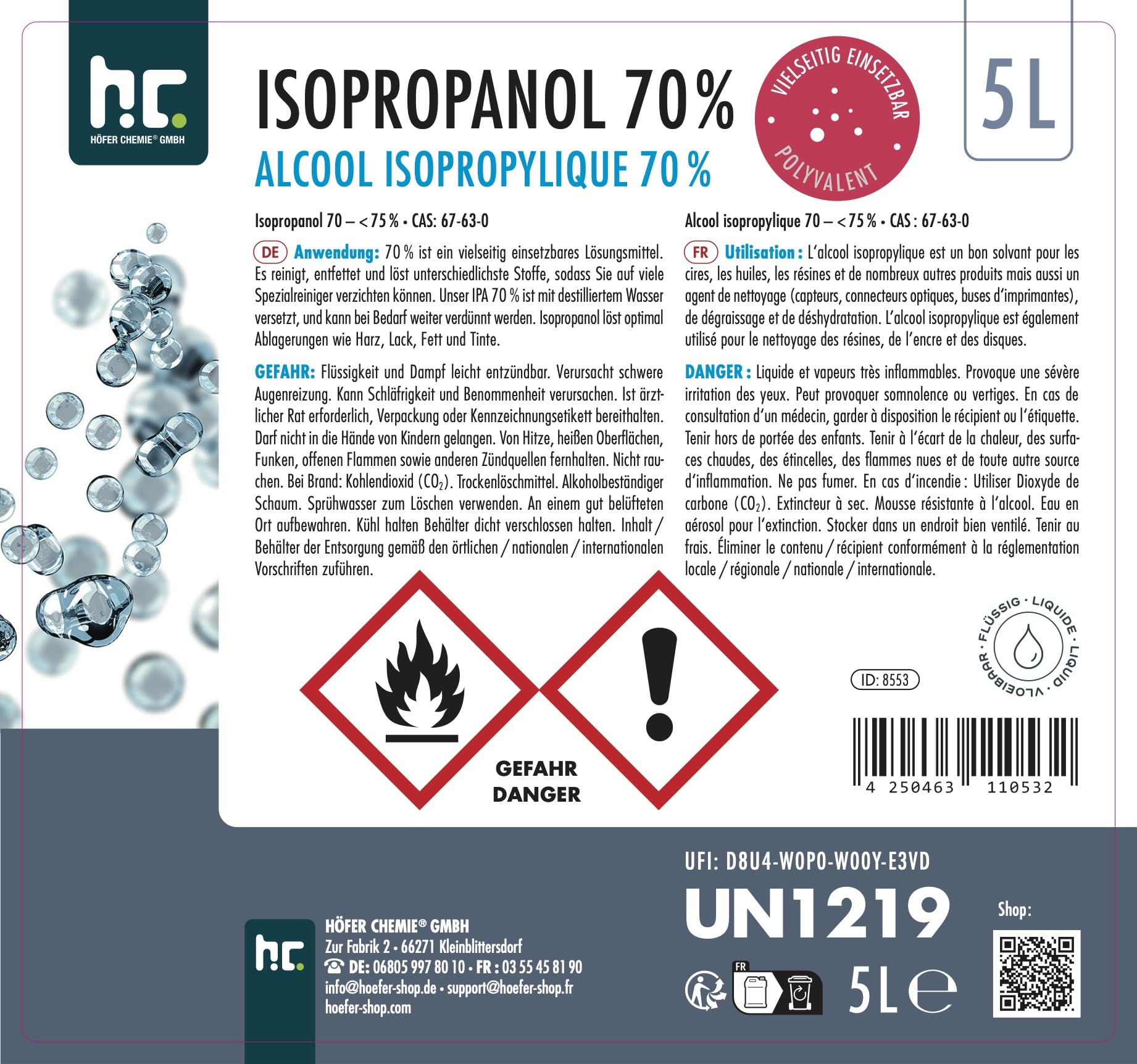 Höfer Chemie 2 x 5L Isopropanol 70% – Isopropylalkohol zum Reinigen und Entfetten von Glas, Displays, Brillen, Schallplatten und Whiteboards – IPA 70 Industriealkohol im praktischen Kanister
