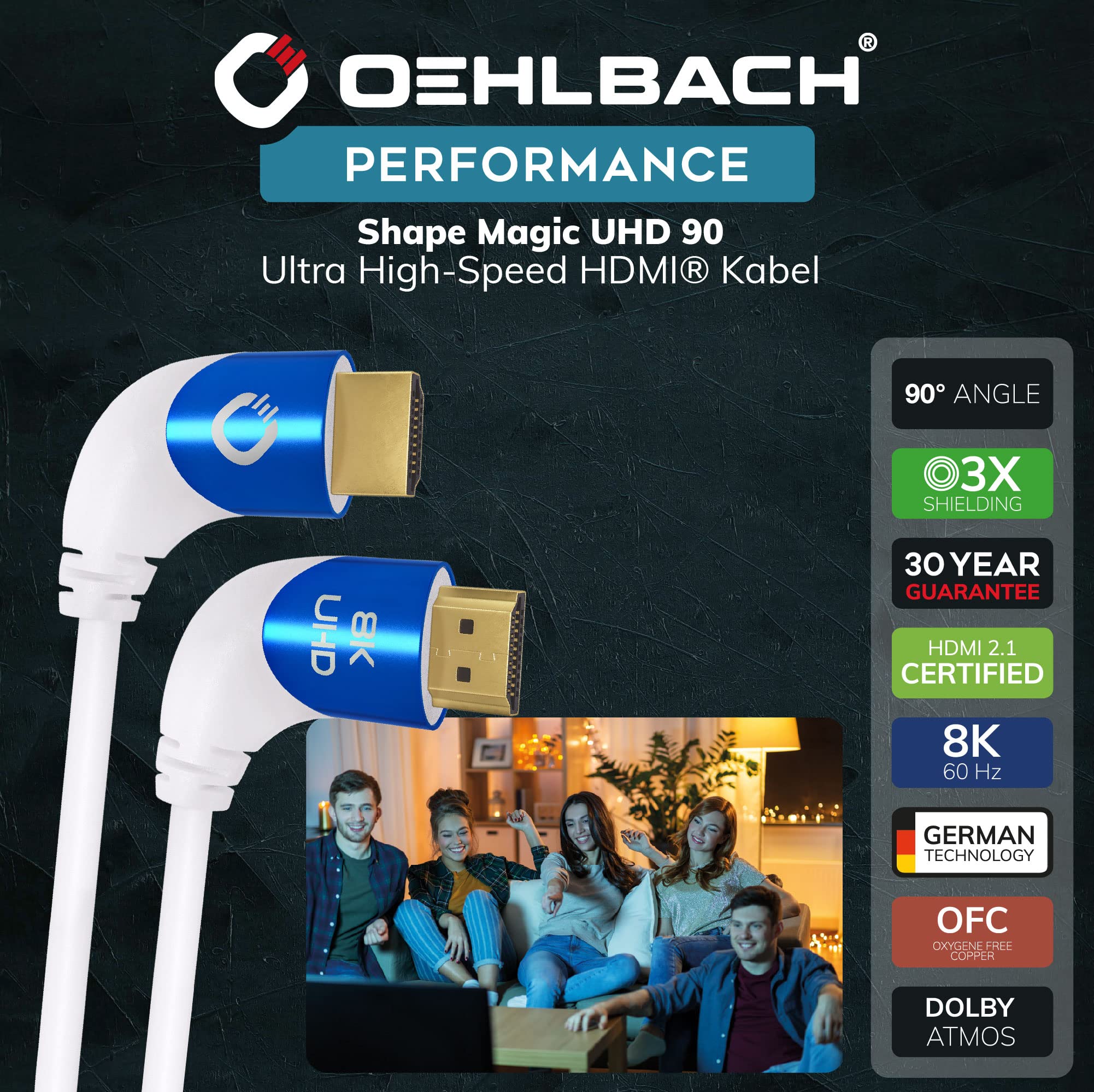 OEHLBACH Shape Magic 90 UHD - Cable HDMI 8K Ultra High Speed 2.1 - Certificado 48 Gbps (conector en ángulo de 90 grados, cobre OFC, 4 K @ 120 Hz, 8 K @ 60 Hz, eARC, HDR) dinámico, color blanco - 3 m
