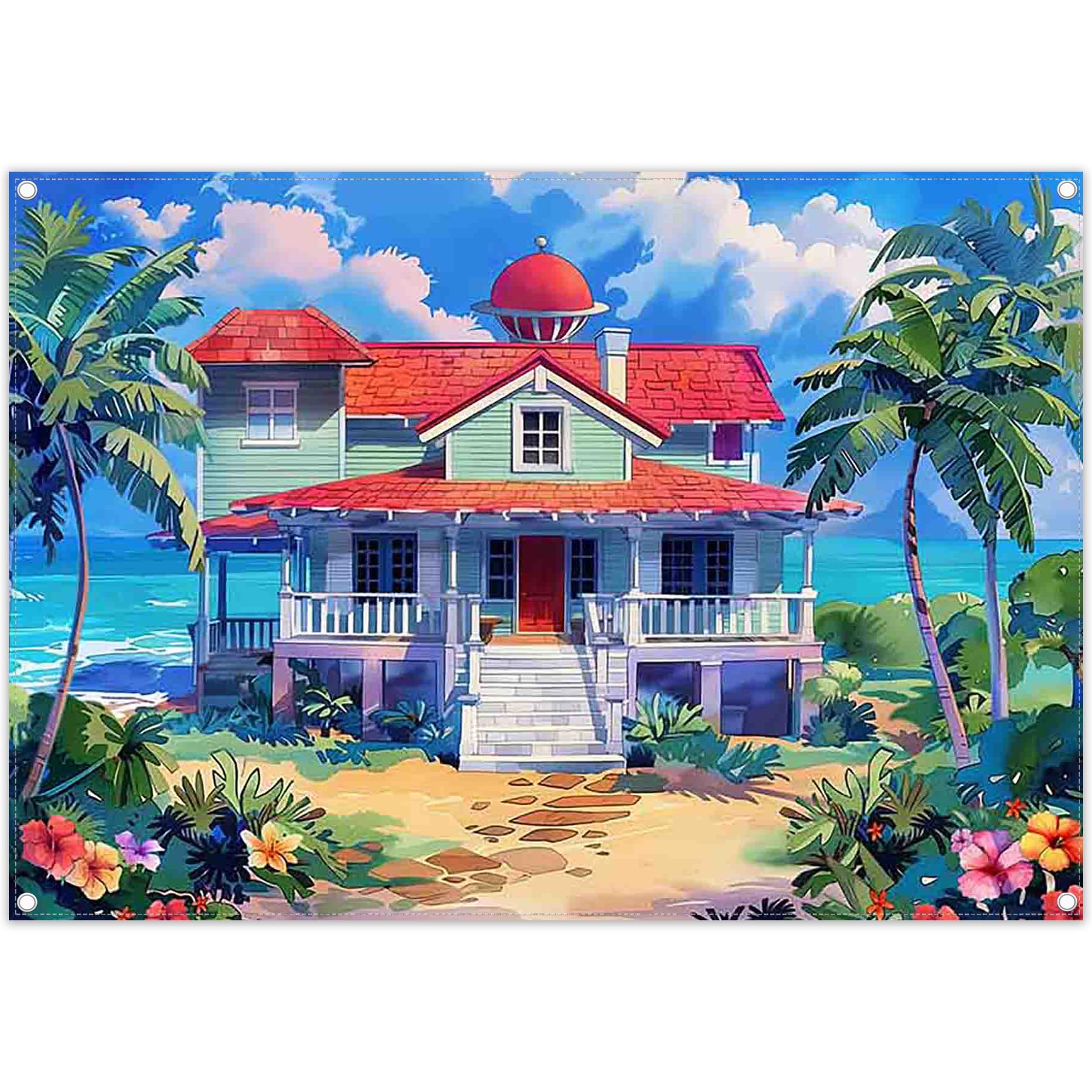 Monalivest 2D Digital Print 7x4.9ft Polyester Cartoon Hawaii House Backdrop Sea Beach Tropical Palm Trees Hand-Painted Blurred Style Photography