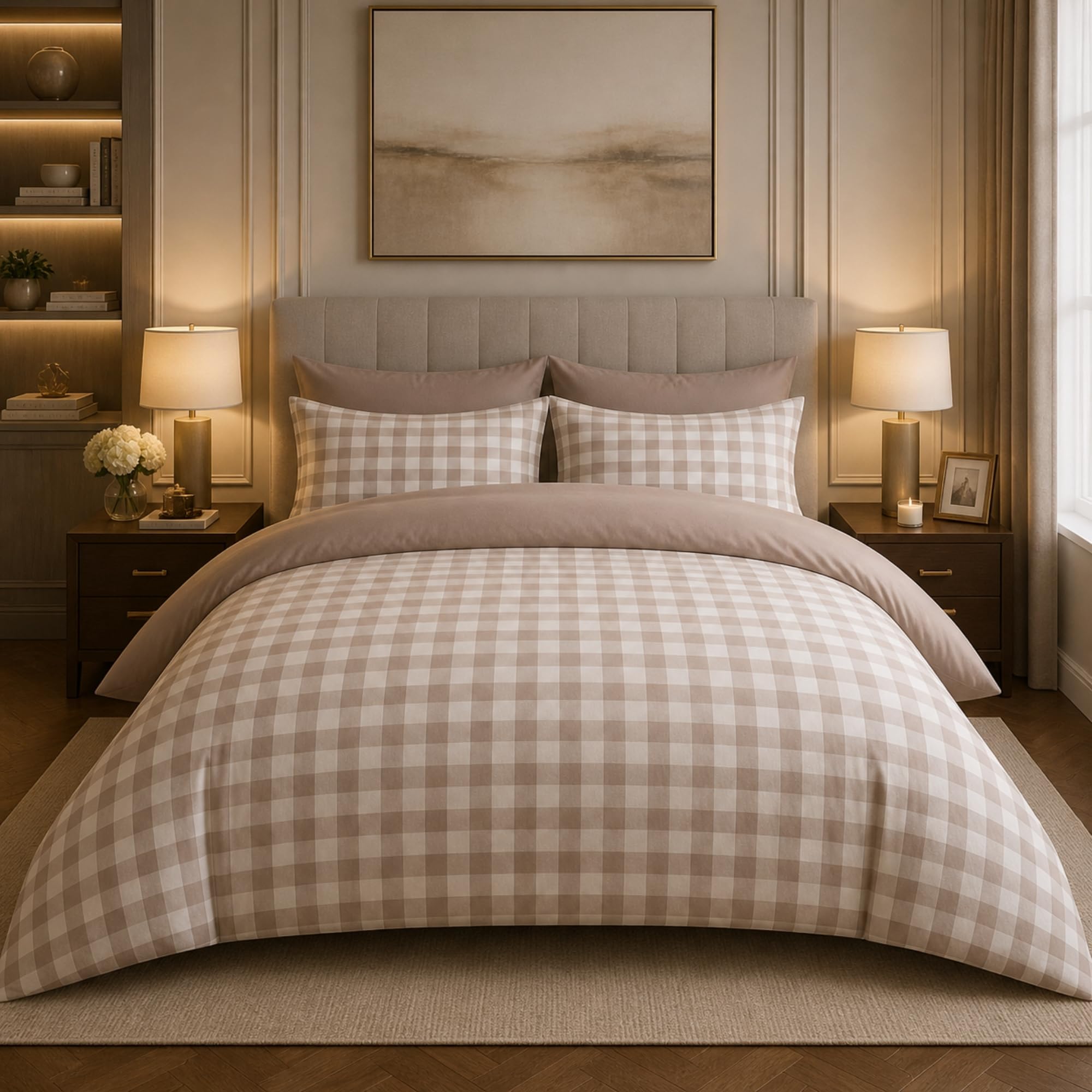 Dolce Vari Gingham Moor Check Microfibre Duvet Cover Set – Reversible Checked Quilt Cover with Matching Pillowcases – Soft, Lightweight Bedding Set – Easy-Care & Durable (NATURAL, Single)