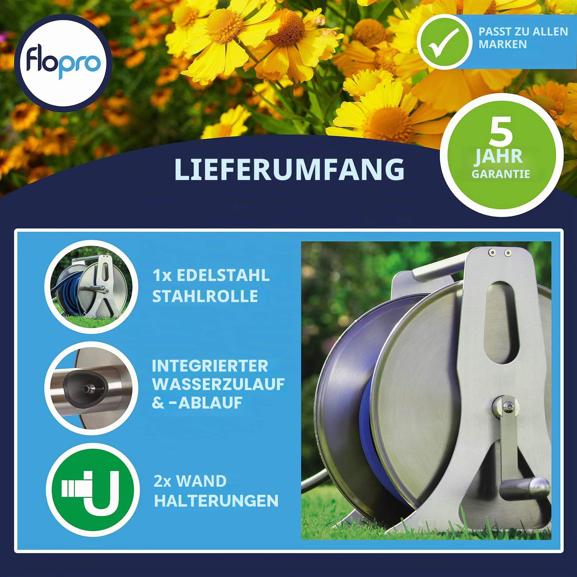 Flopro Professionelle Metall-Schlauchtrommel, unverzichtbares Gartenzubehör für ordentliche Schlauchaufbewahrung, wandmontierte oder freistehende Gartenschlauchtrommel