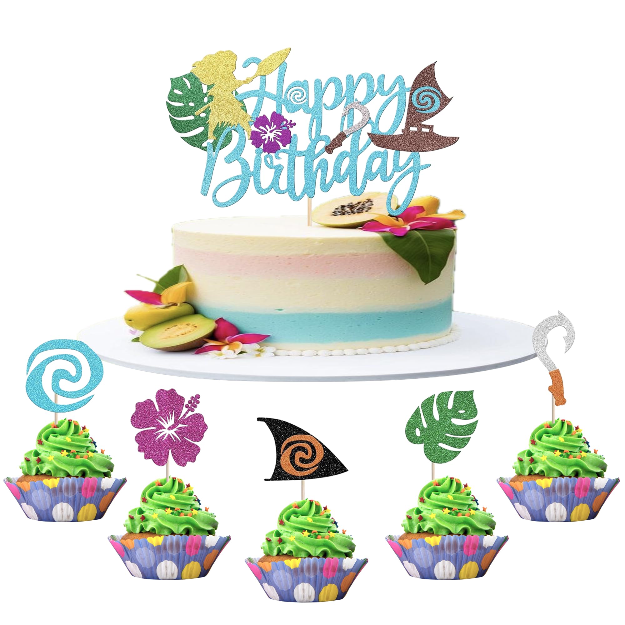 SYKYCTCY 31 Pack Moana Happy Birthday Cake Topper Palm Leaf Flower Cake Pick Tropical Hawaiian Luau Theme Cake Decorations for Kids Birthday Party Supplies