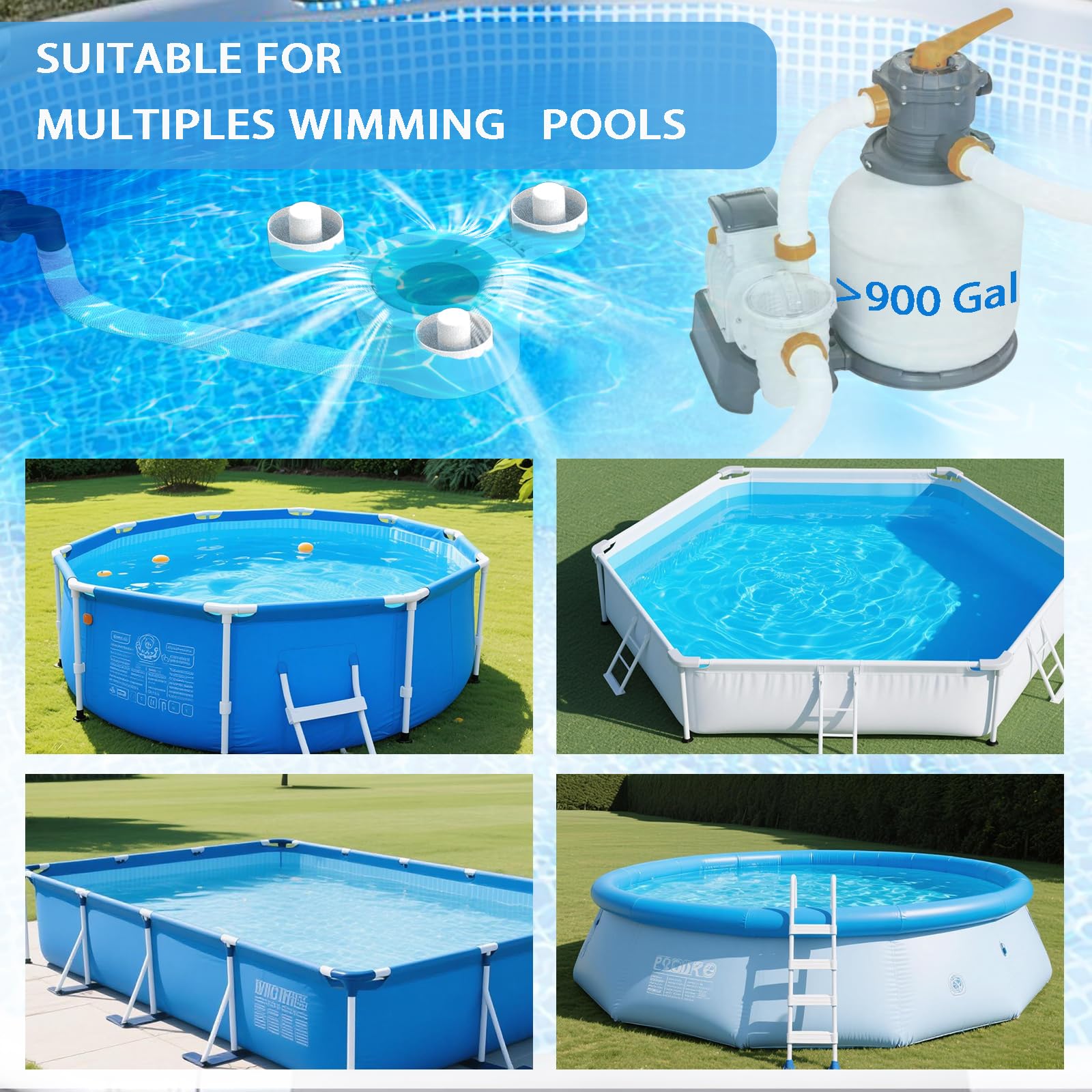 Skimmer galleggiante per piscine fuori terra, skimmer a tre galleggianti con cestello rimovibile, facile da installare, accessori per piscina fuori terra, accessori universali per la pulizia