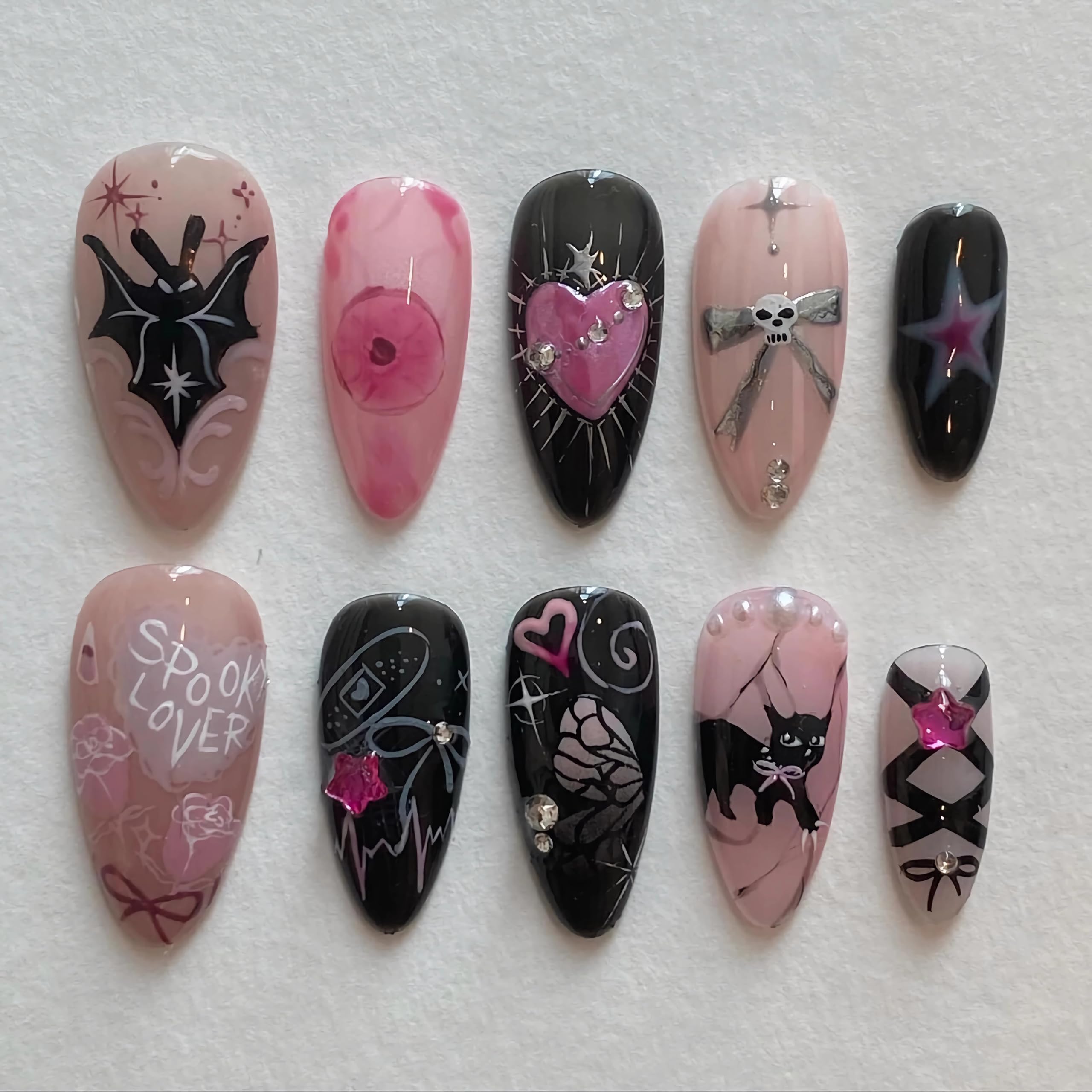 BABALAL Almond Press on Nails Medium Fake Nails Black Pink Glue ons Y2k Bat Cat Bow Design Goth Acrylic Nails 24Pcs Cute Halloween False Nails Star