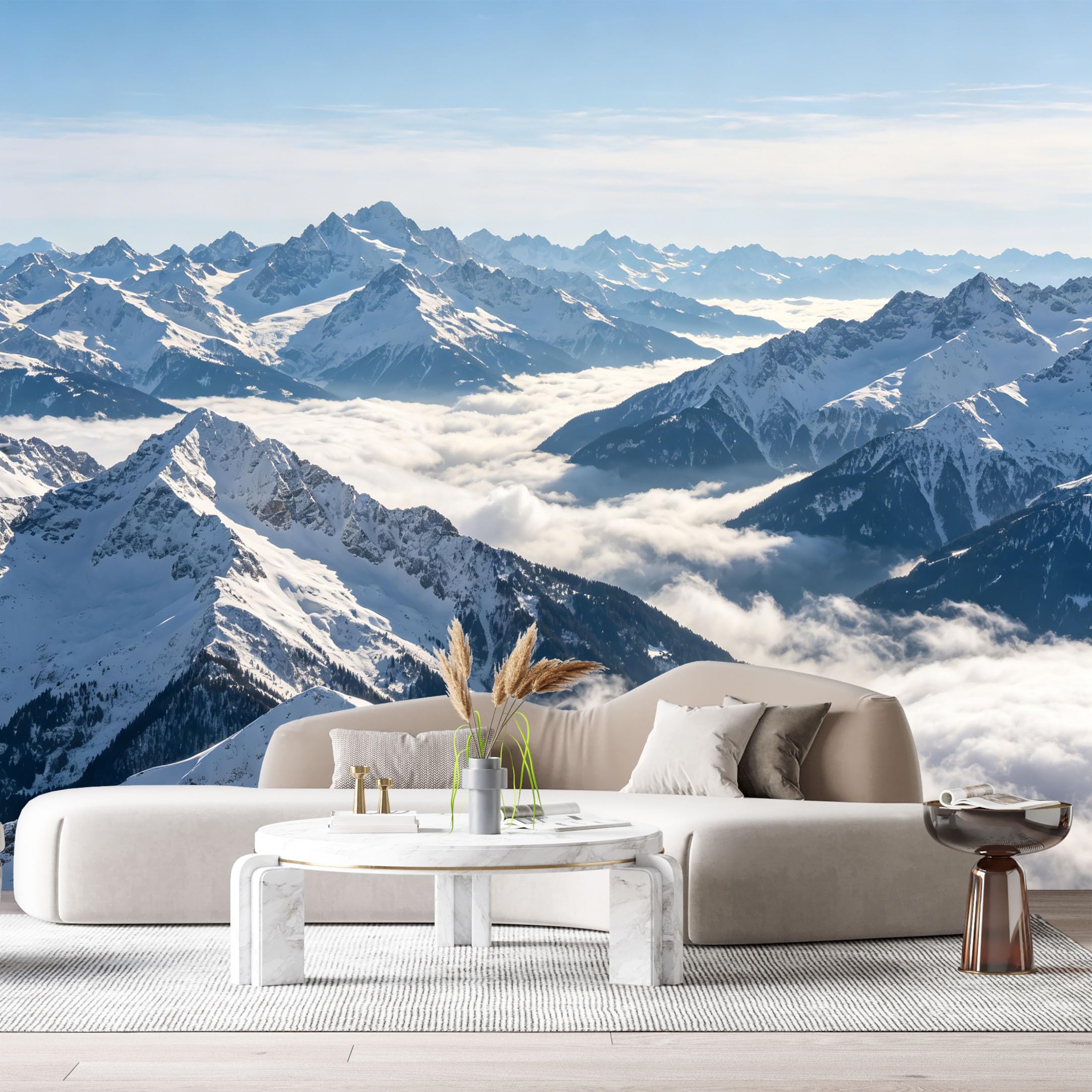 Custom Size Wall Murals Snowy Mountains Landscape Cloudy Peaks Winter Valley SelfAdhesive Wall Fabric Removable Large Wallpaper for Photo Living Room