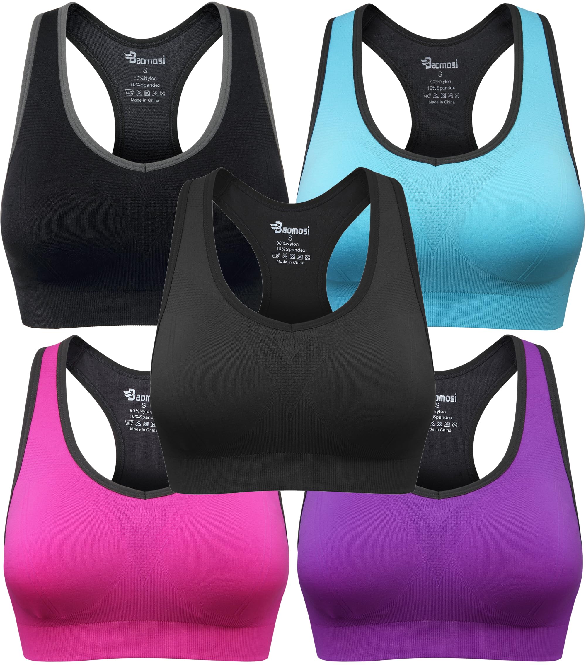 BAOMOSI Womens Seamless High Impact Support Racerback Workout Yoga Sports Bra, S Fit 30BC 30D 32BC 32D 34BC, Pack of 5