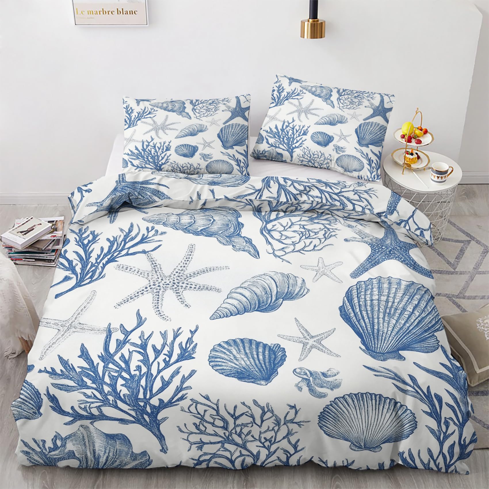 NOGAWA Coastal Bedding Double - Starfish Seashell Double Duvet Set - Reversible Quilt Cover & 2 Pillowcases with Zip and Ties, Ultra Soft and Non Iron Brushed Microfibre Bed Set