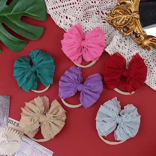 Miniatura 7 de YanJie Diademas de encaje suave para recién nacidas, lazos elásticos de nailon con volantes, lazos hechos a mano, accesorios para el cabello para