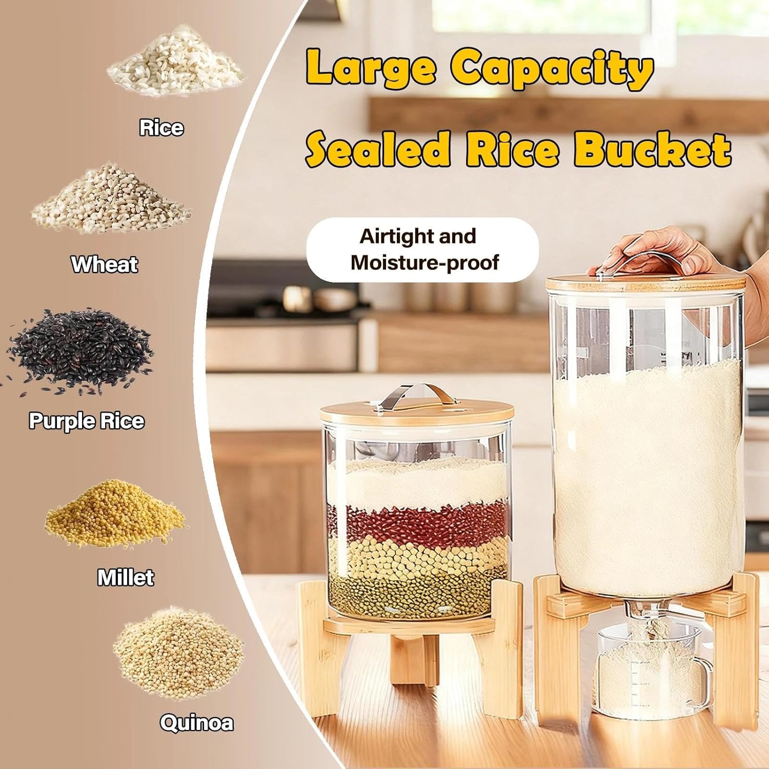Rice Dispenser Glass, Cereal Dispenser Pantry with Glass Measuring Cup and Airtight Lid. 5L Rice Storage Dispenser for Dry Food, Coffee Bean and Oats(5L)