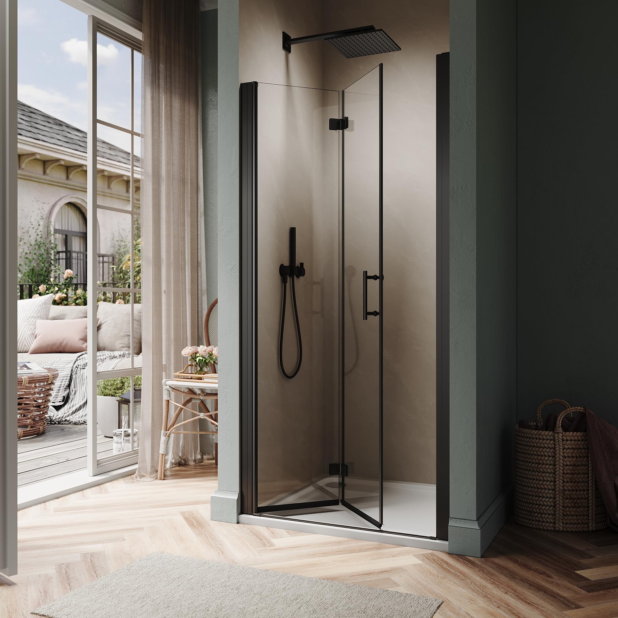 SUNNY SHOWER Hinged Swing Glass Shower Door 31.5-33" W x 72" H Semi-Frameless Bi-Fold Shower Glass Door with 1/4" (6mm) Clear Glass, Reversible Installation, Matte Black