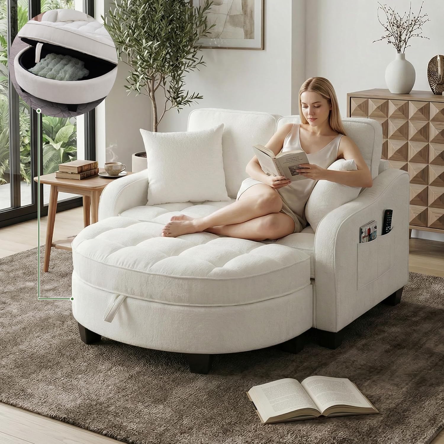 Oversized Chaise Lounge Chair Indoor with Storage Ottoman, Cloud Boneless Reading Recliner Chair with Adjustable Backrest, Soft Chenille Circle Couch for Living Room, Apartroom,Bedroom (Beige, 51"W)