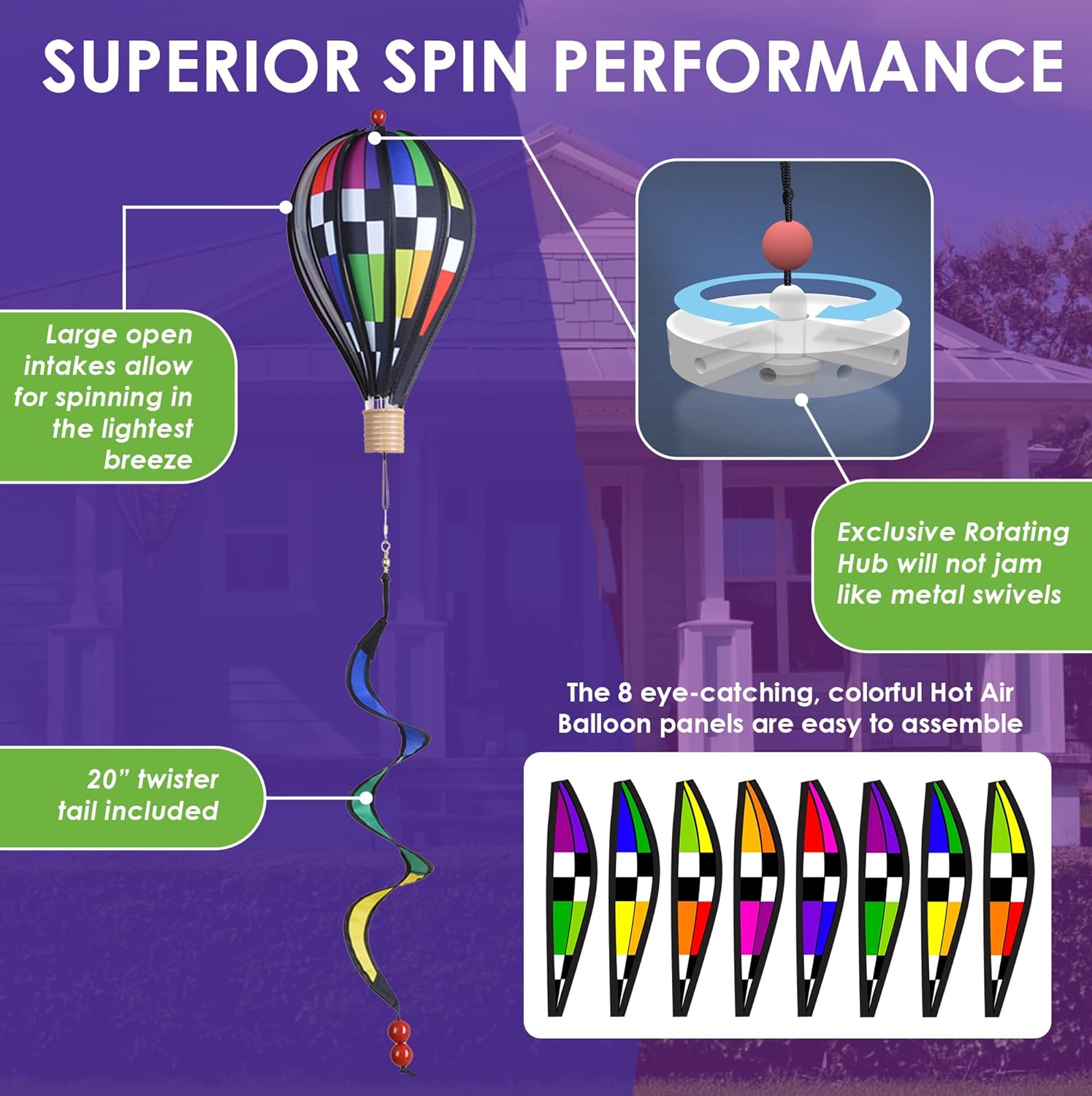 Hot Air Balloon Hanging Garden Spinner 12" - Vibrant Checkered Rainbow Design, Weather-Resistant Outdoor Decor, Durable & Lightweight for Patios, Yards, and Gardens - Eye-Catching Wind Spinner