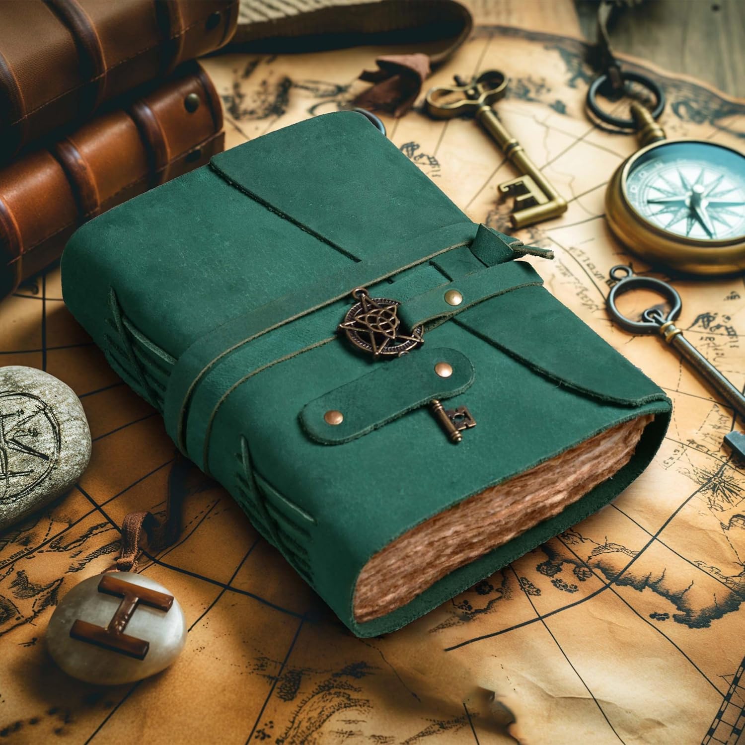 LEATHER VILLAGE Leather Bound Vintage Journal for Women & Men - 200 Pages of Handmade Deckle Edges Watercolor Paper - Antique Lock Closure - Book of Shadow - Turquoise - 7X5 Inches - Image 5