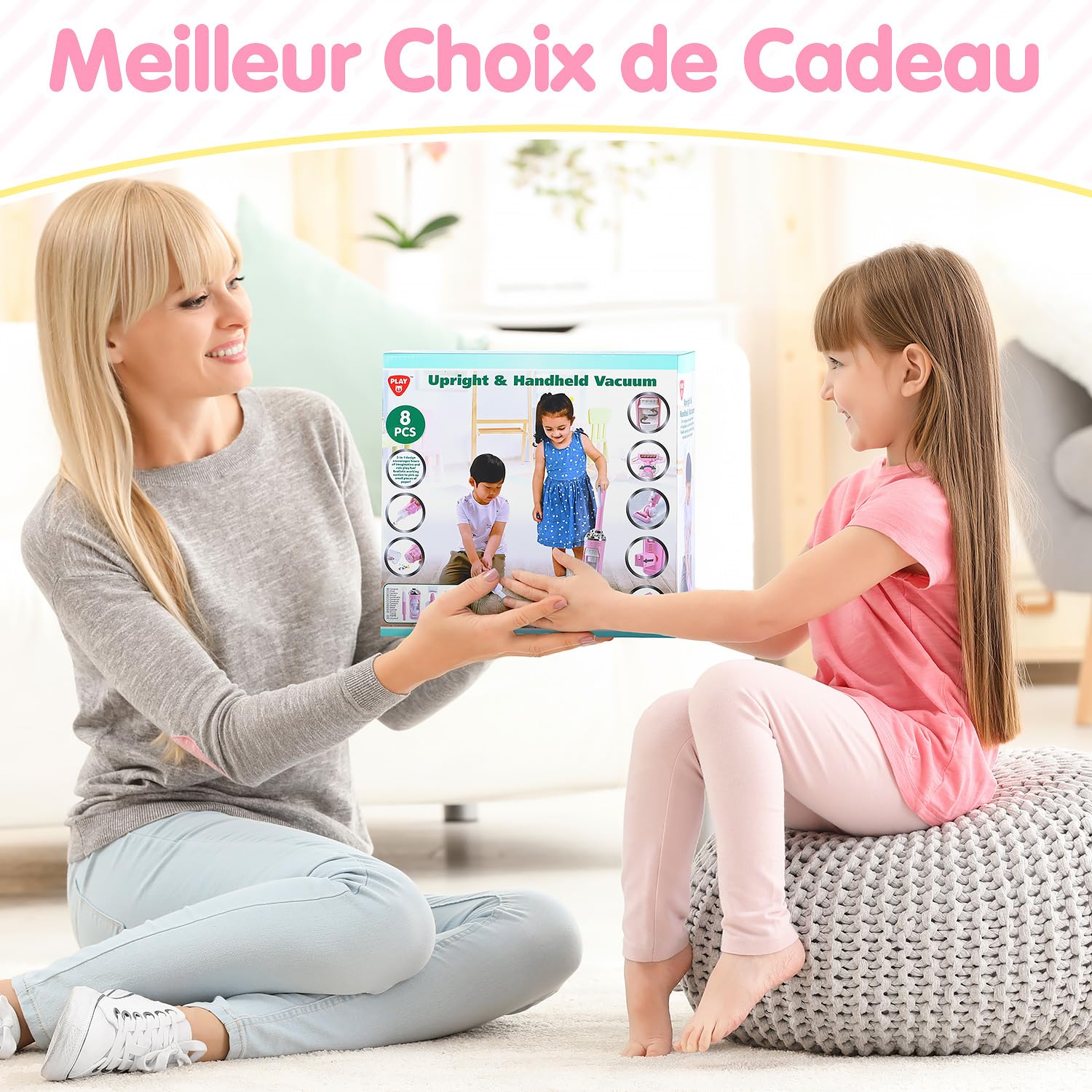 PLAY 2 en 1 Aspirateur Enfant Jouet Set avec des Particules EVA, des Effets d'aspiration et Sonores, Kit Menage pour Enfants 3+ Ans (Rose)